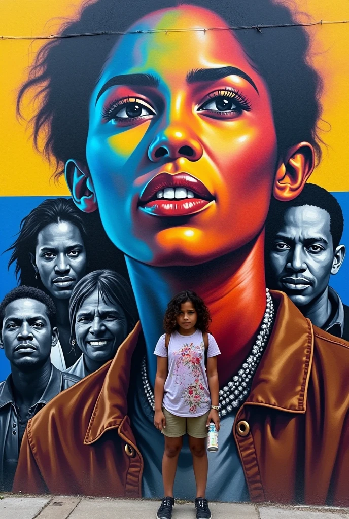 A colorful mural graffiti of Colombian singer GOYO, with sad men and women from the Chocó region behind it, representing violence, in black and white with colors of the Colombian flag surrounding it, and a girl approximately  with a spray can in the front. 