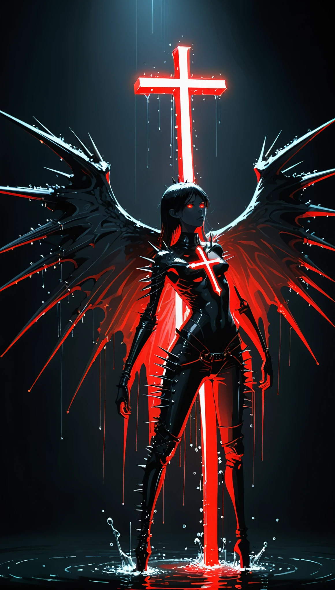 in style of Hans Hartung,in style by Kilian Eng
(1girl,character conceptual design,half body),gravure_pose,red eyes,(oversize black wings on back:1.3),glowing red fluorescent,armor,giant forearm,drops of water,waterline string,(irregular light cross spikes,all eyes know:1.8)