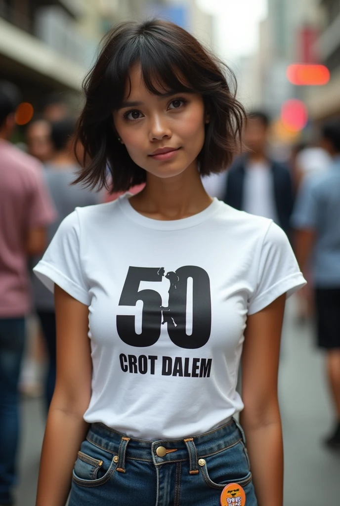 A beautiful Indonesian woman, wearing a skimpy sexy white t-shirt with the phrase "50 CROT DALEM" displayed in bold and sexy typography in sexy colours, the design of the number "0" is made of a vector image of a silhouette of a naked couple making love in black. Pin on miniskirt, A round pin stuck to the corner of the pants reads "(99% OFF)". short wavy hair, in a public place, surrounded by many men, big and sexy boobs, Asian woman, shot from the front, very realistic, (complex detail: 0.9), (hdr, hyperdetail: 1.2), RAW, Sony Alpha a9 II, 24-105mm f/4, HDR,