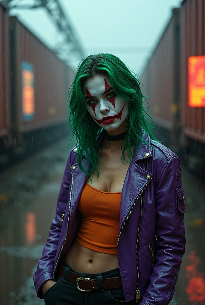 She stands on the rain-soaked asphalt, a striking figure enveloped by the chaos of the night. The rain cascades down her body, each droplet tracing its path over the white makeup on her face, smudging the dark eyeshadow and mingling with the crimson streaks of her grotesque, extended grin. Her eyes are locked onto the camera, her gaze intense and unyielding, as if ready to speak. Her head is slightly tilted back, and her expression is poised, giving a sense of anticipation. Her green hair clings to her face and neck, the vibrant color deepened by the rain, adding to the surreal beauty of the scene. Her hands hang loosely by her sides, palms open, as if inviting the rain to wash over her, soaking through the purple jacket that clings to her toned body. The moonlight catches on the water droplets sliding down her bare skin, creating a shimmering effect that highlights every curve and inch of her figure. In this moment, she is a powerful presence, the satisfaction in her expression almost serene, yet commanding. The rain is not merely a backdrop but a part of her, blending with the darkness, the moonlight, and the madness that defines her, as she stands ready to deliver her message.