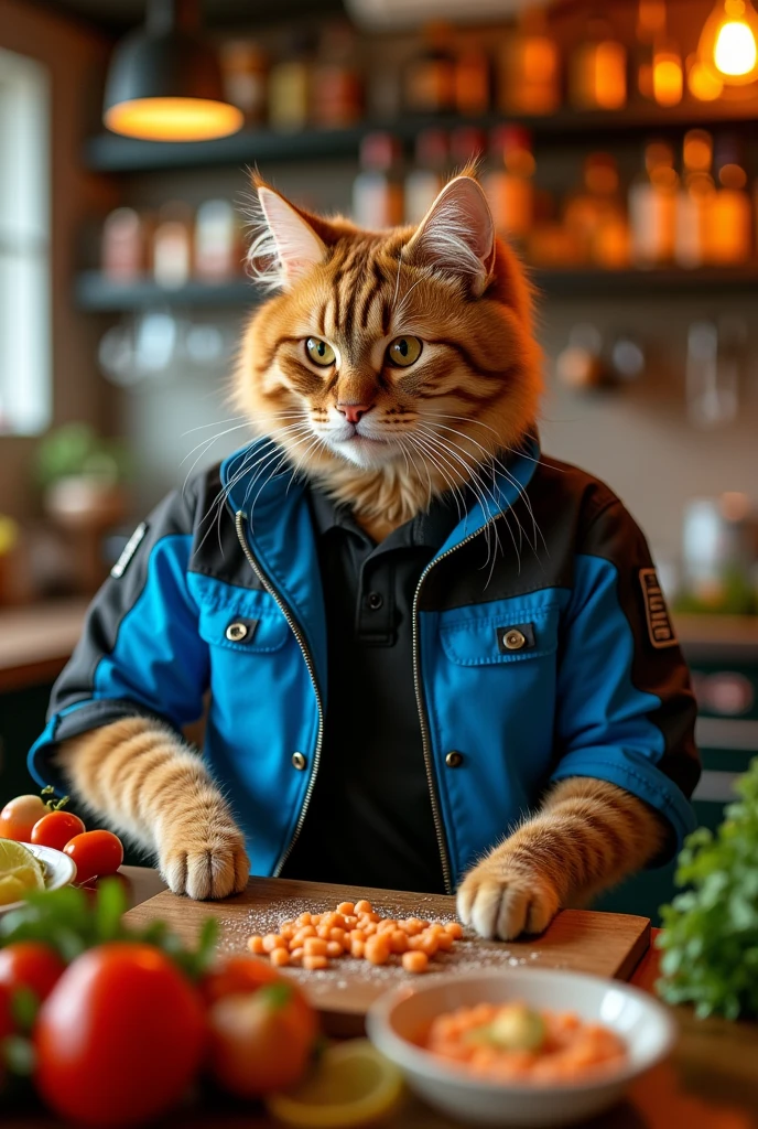 Make me a LaPerm cat with curly fur wearing a blue and black jacket with a black polo shirt cooking in a Peruvian cevicheria.