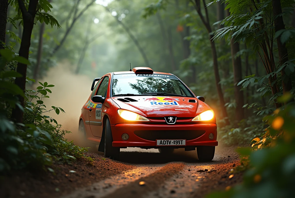 a realistic scene of a Peugeot 206 WRC rally car drifting through a jungle with very bright headlights, bright daylight, backfiring engine, detailed vehicle, dynamic motion, lush foliage, photorealistic, highly detailed, cinematic lighting, dramatic composition