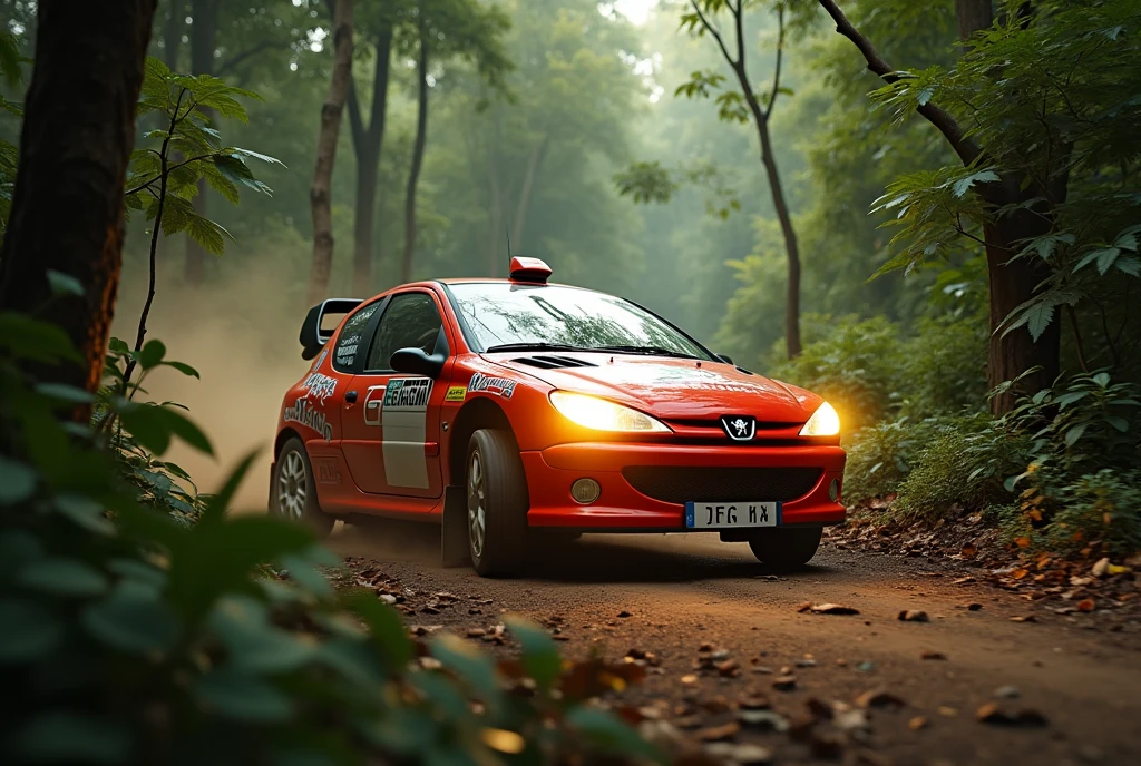 a realistic scene of a Peugeot 206 WRC rally car drifting through a jungle with very bright headlights, bright daylight, backfiring engine, detailed vehicle, dynamic motion, lush foliage, photorealistic, highly detailed, cinematic lighting, dramatic composition