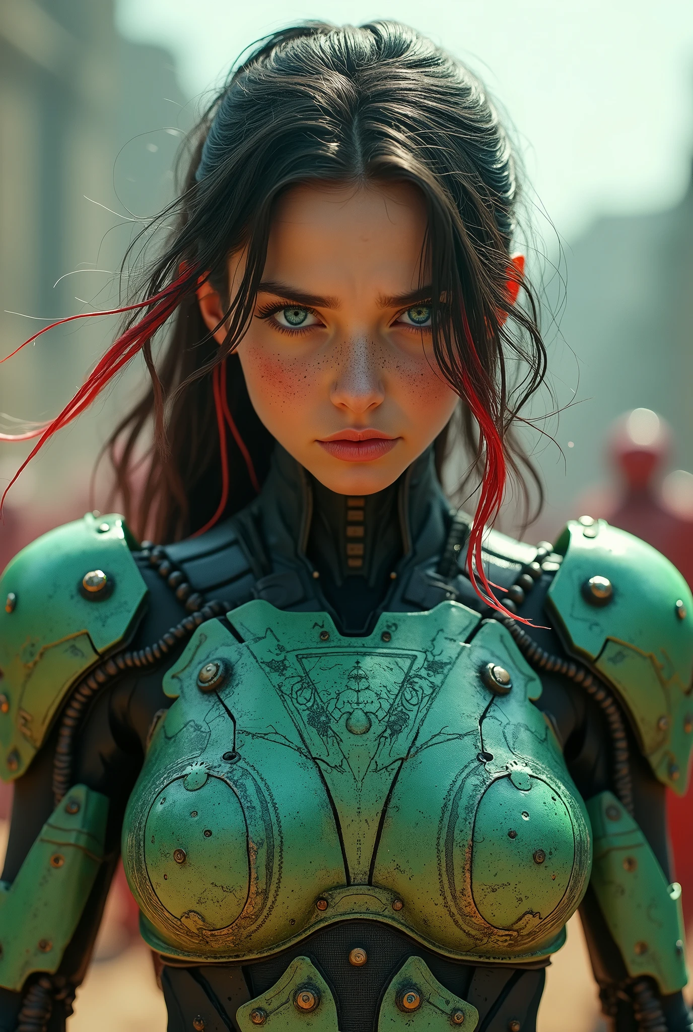 (masterpiece, photorealistic:1.4, extremely intricate:1.3), (photon mapping, radiosity, physically based rendering, ultra resolution, hyper-realistic, photorealistic:1.4, hyper-realistic, 8K), ((((humid teenage 20year, [bodybuilder:supermodel:0.8], (wide eyes, long lashes, battle-damaged translucent green breastplate armor:0.8, etched, engraving)), [makeup:freckles:0.7])), blue eyes), angry, arrogant, BREAK, ((((background is a futuristic battlefield, she is a juggernaut, muscular, dynamic pose), mechanical arms, mechanical torso, wires, wiring, (((glowing cybernetic chrome crystal reflections))), long straight hairband ([dark hair:bright red hair:0.2], volumetric, shadows)))
