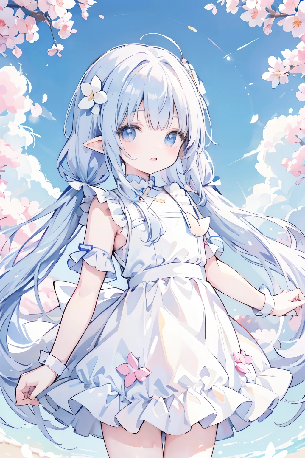 anime、pastel、Very young、child、Laughing with your mouth open、Double teeth、Very short、pastelホワイトの髪、long、Short pigtails、Flower Hair Ornaments、Dropped ears、Fluffy tail、Cheeky cheeks、Slender body、She is wearing a white and light blue dress.、Outdoor、Cute Girlfriend、Flower Field