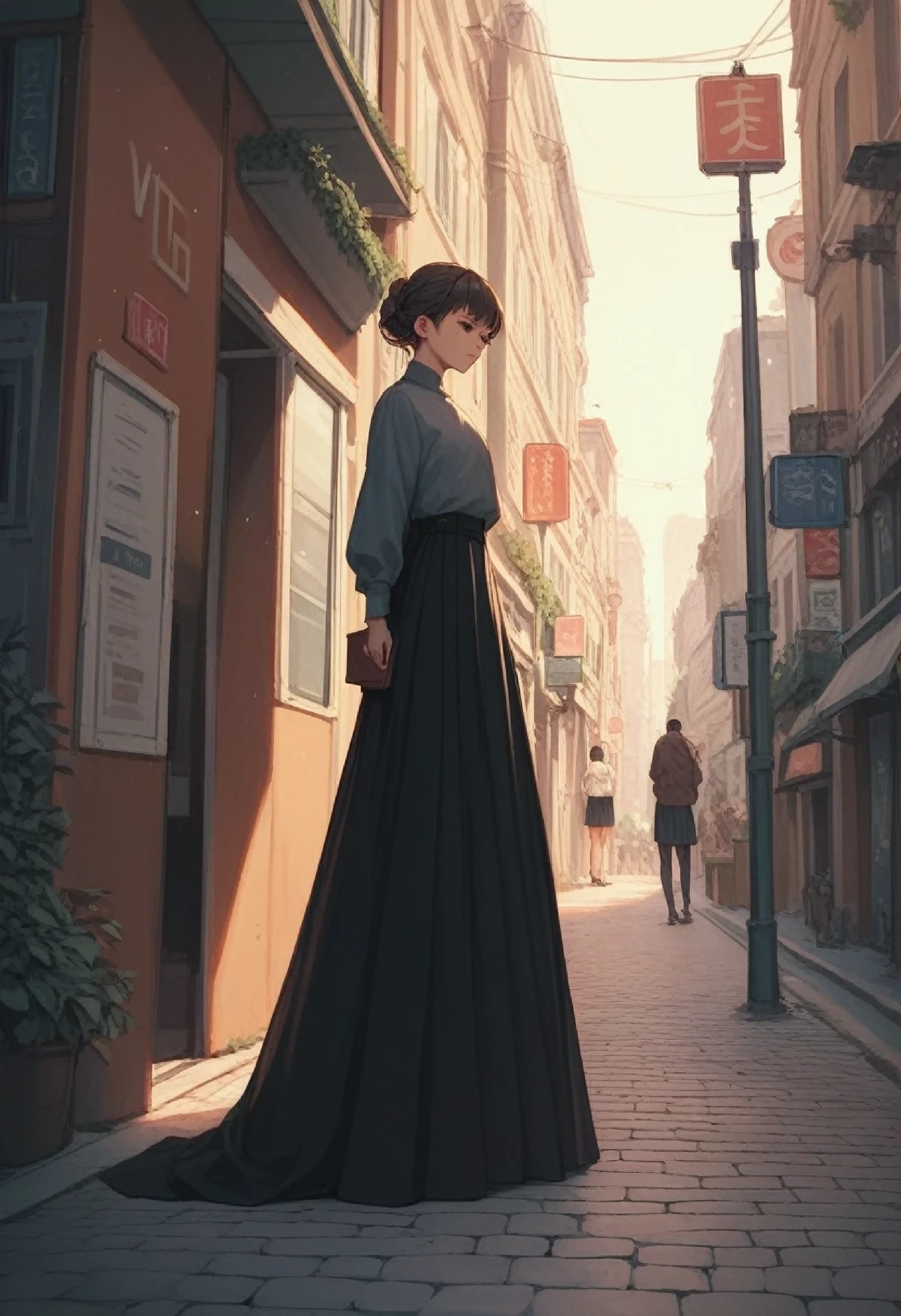 , Wearing a long black skirt , The skirt is very long ,Long dress ,Voluminous skirt,street,Are standing ,anime,whole body