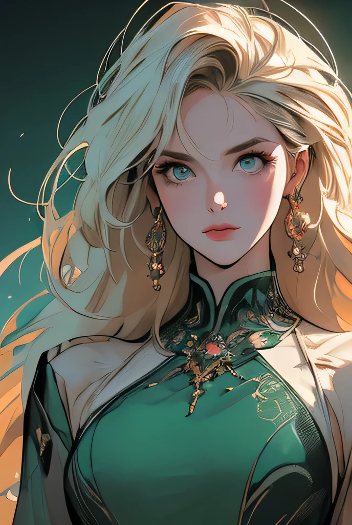 a beautiful woman with long flowing hair, bright green eyes, elegant features, wearing a futuristic metallic dress, standing on a red rocky alien landscape with two moons in the sky, (best quality,8k,highres,masterpiece:1.2),ultra-detailed,(realistic,photorealistic,photo-realistic:1.37),1girl,highly detailed face,intricate costume design,volumetric lighting,dramatic lighting,cinematic composition,vivid colors,dramatic shadows,glowing energy effects,advanced technology