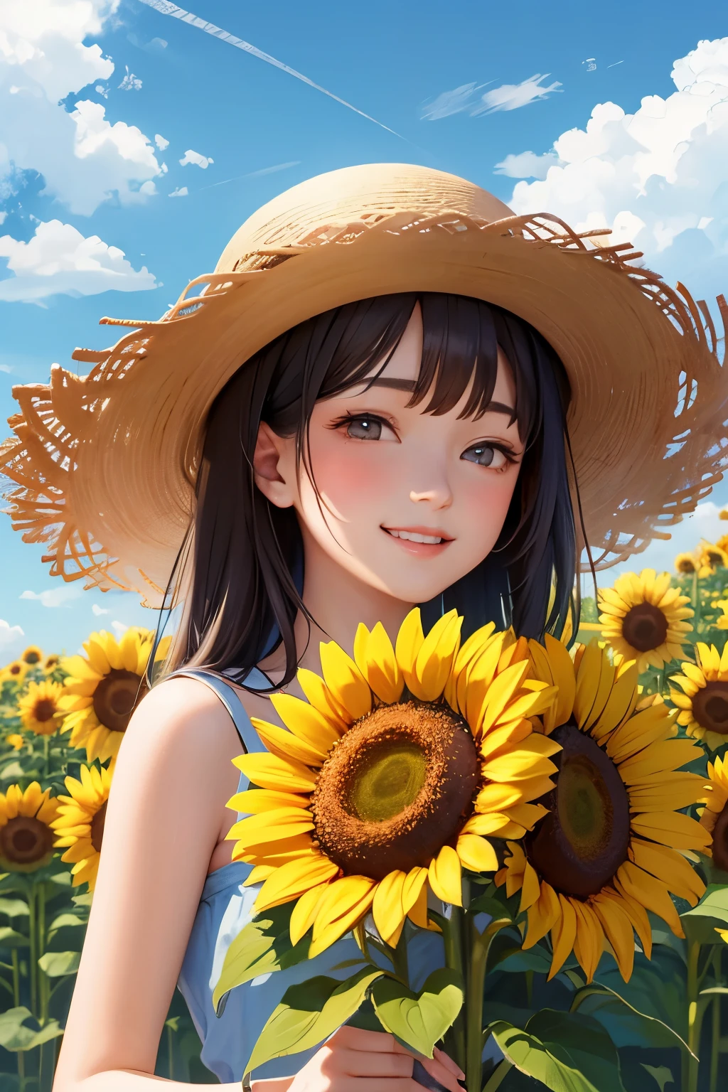 Beautiful brown haired girl smiling in a straw hat in a sunflower field in the shining summer sun
