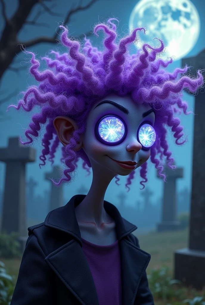Necromancer funny "THAT KIDDING FROM NEW" with purple glitter hair type c4 curly with "🔮" in place of the eyes.