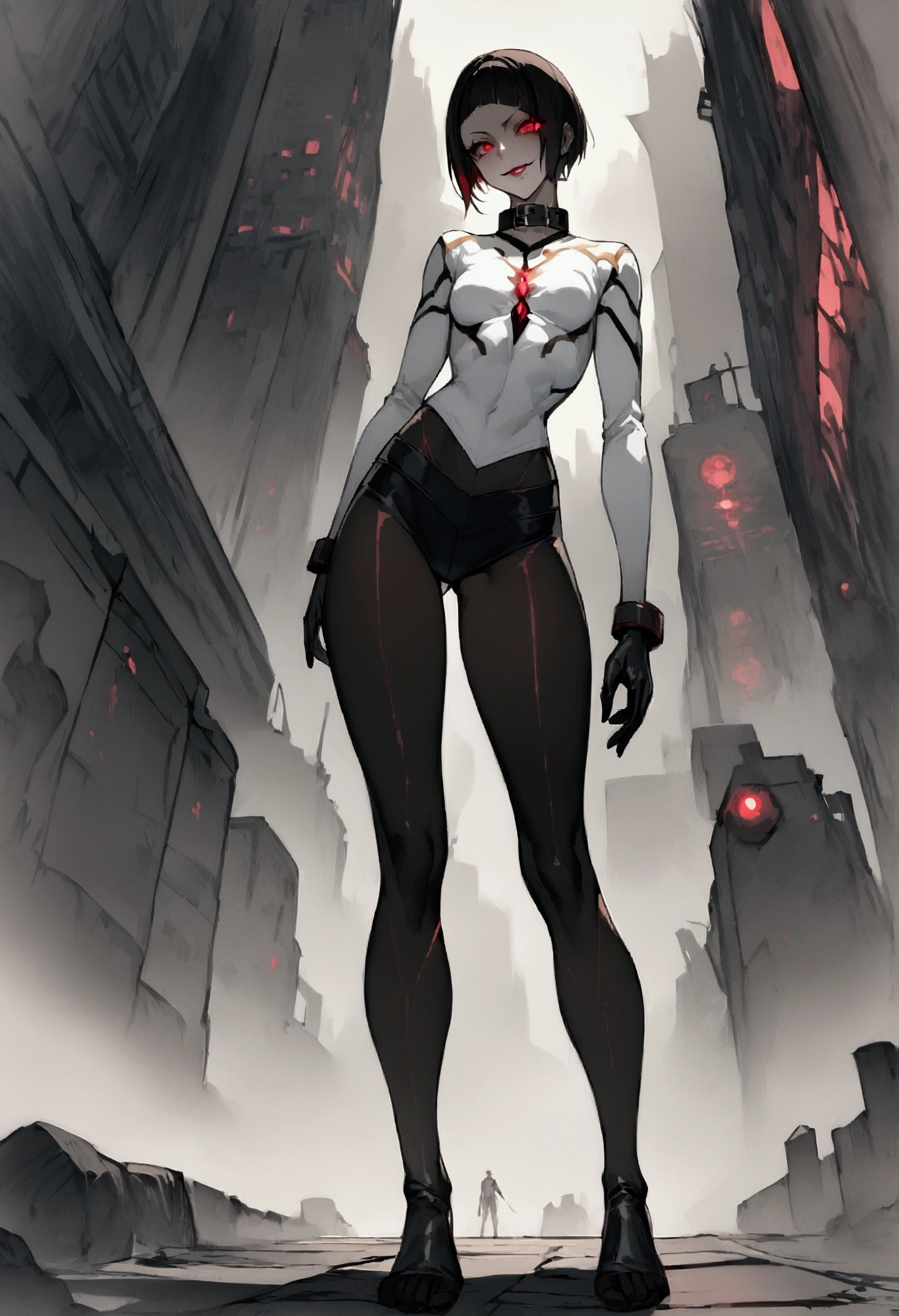 fully body,standing,alone,short hair,work of art,face detailed,young fitness linda,Wearing black pantyhose,tight white sweater with collar ,neckleace,evil smile,red eyes glowing,labiaa,eye shadow,bangs on the eyes,black gloves,background city