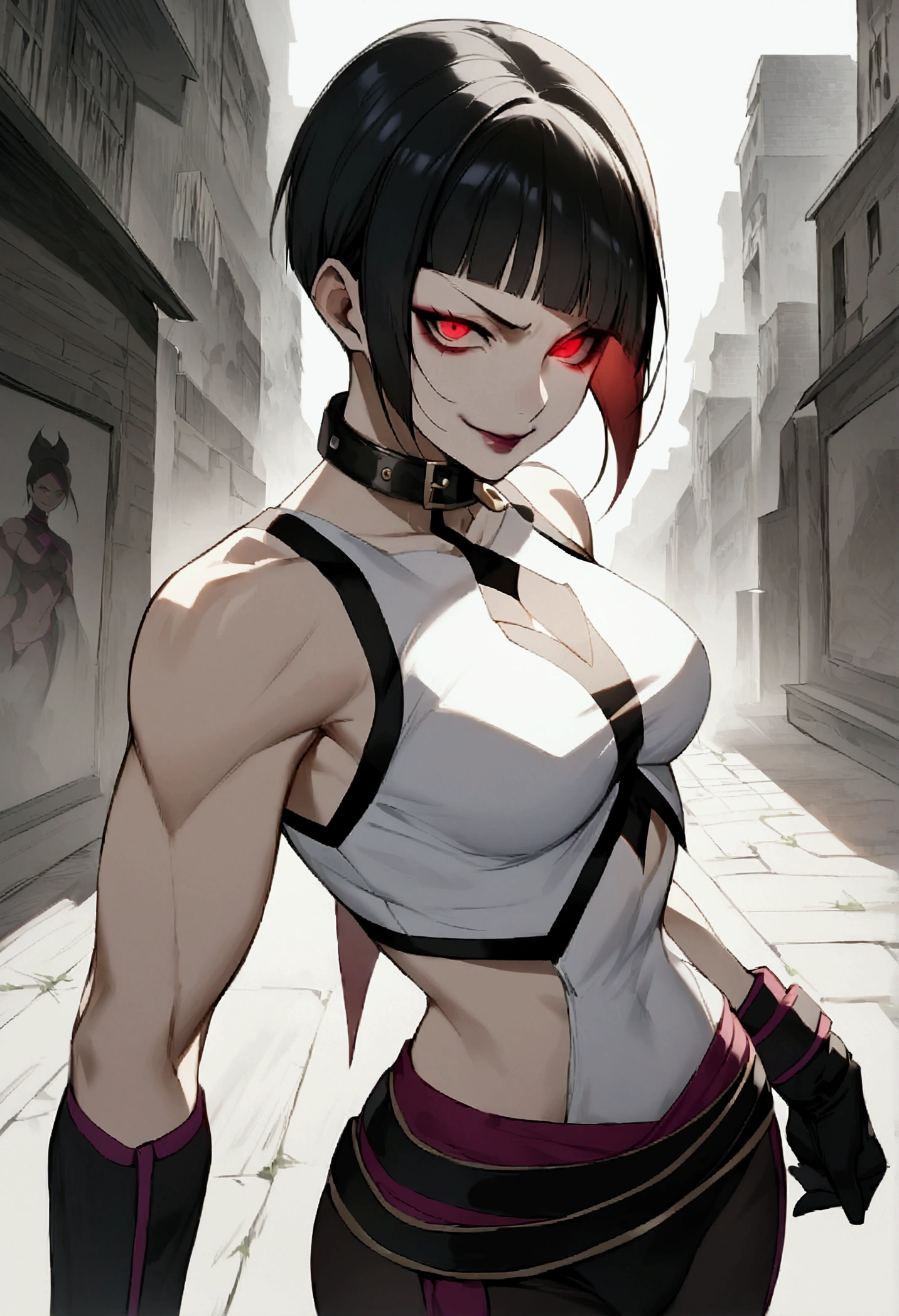 juri han,fully body,standing,alone,short hair,work of art,face detailed,young fitness linda,Wearing black pantyhose,tight white sweater with collar ,neckleace,evil smile,red eyes glowing,labiaa,eye shadow,bangs on the eyes,black gloves,background city
