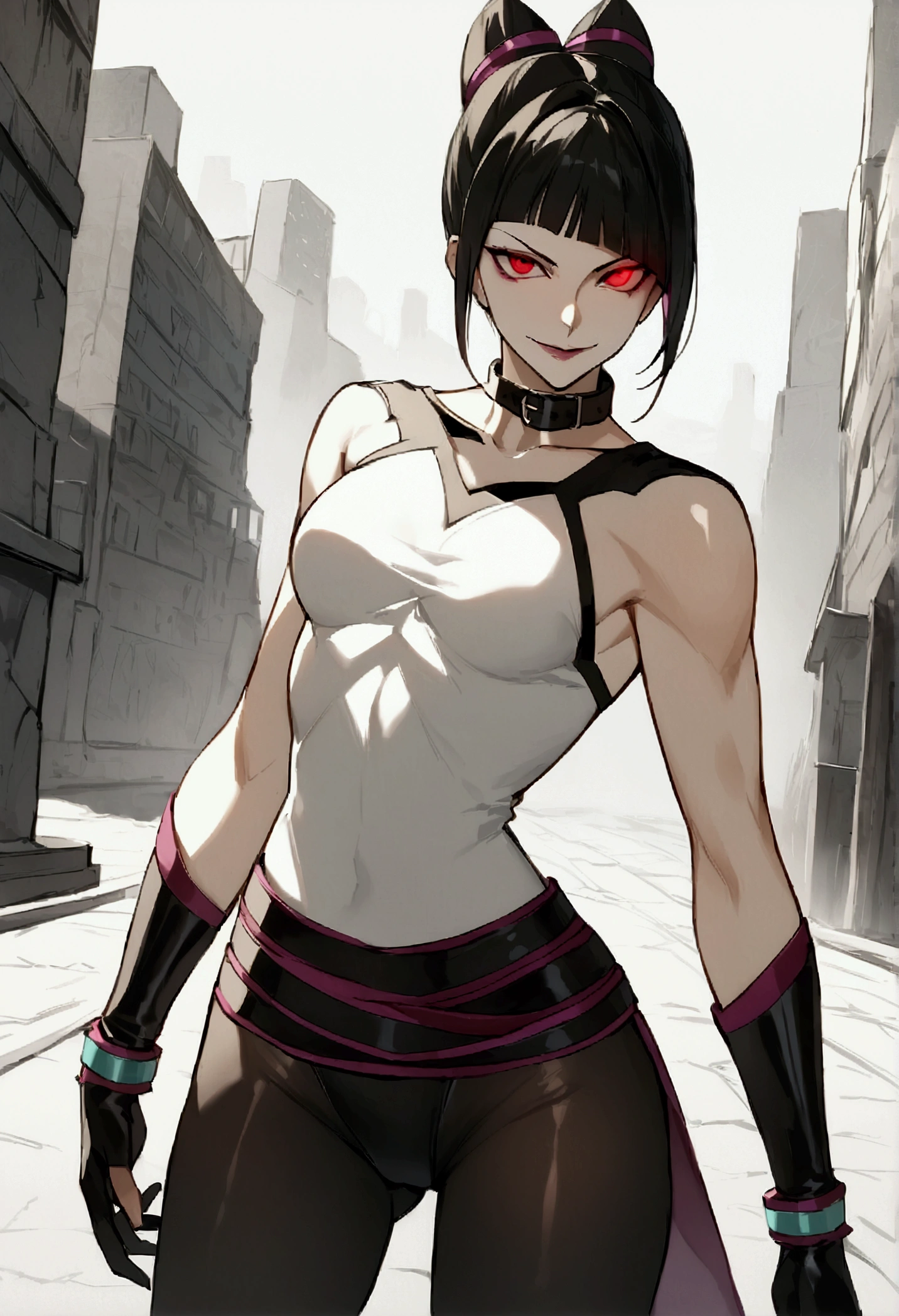 juri han,fully body,standing,alone,short hair,work of art,face detailed,young fitness linda,Wearing black pantyhose,tight white sweater with collar ,neckleace,evil smile,red eyes glowing,labiaa,eye shadow,bangs on the eyes,black gloves,background city
