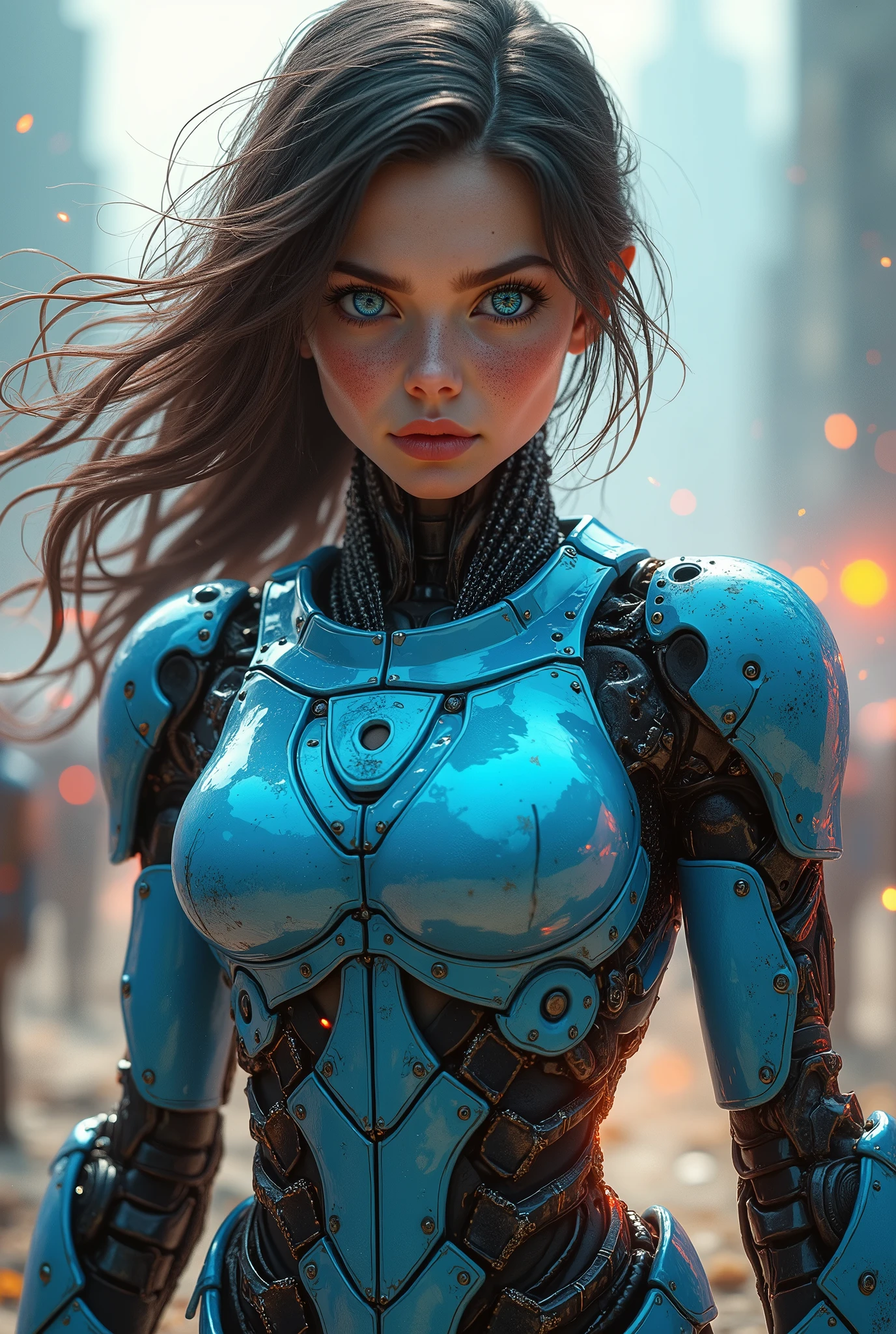 (masterpiece, photorealistic:1.4, extremely intricate:1.3), (photon mapping, radiosity, physically based rendering, ultra resolution, hyper-realistic, photorealistic:1.4, hyper-realistic, 8K), ((((humid age 20year, [bodybuilder:supermodel:0.8], (wide eyes, long lashes, battle-damaged translucent blue breastplate armor:0.8, etched, engraving)), [makeup:freckles:0.7])), blue eyes), angry, arrogant, BREAK, ((((background is a futuristic battlefield, she is a juggernaut, muscular, dynamic pose), mechanical arms, mechanical torso, wires, wiring, (((glowing cybernetic chrome crystal reflections))), long straight hairband ([dark hair:bright red hair:0.6], volumetric, shadows)))
