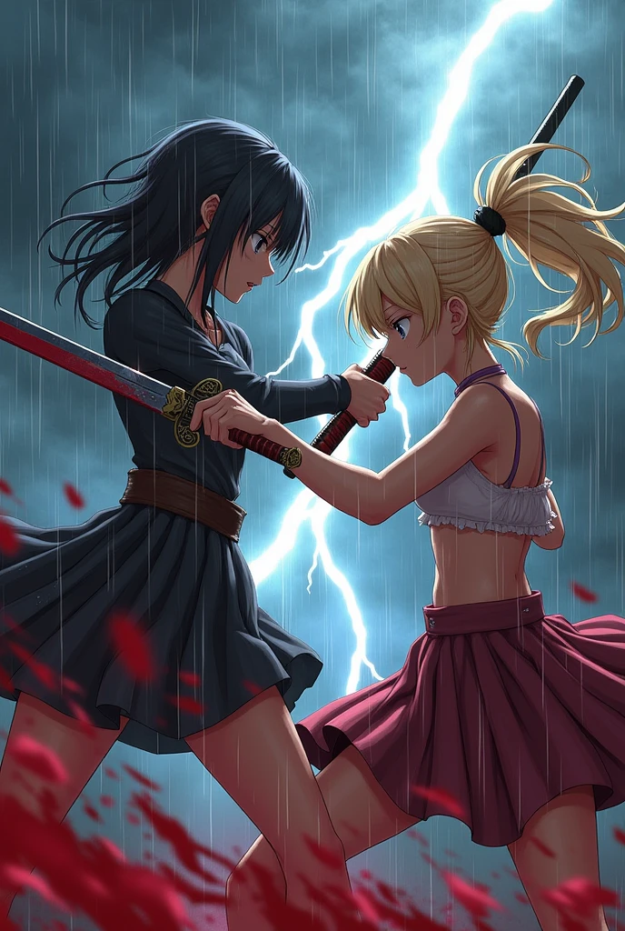 Two girl fighting with sword, blonde and black hair,ponytail and short hair, wet skin, rain weather,anime style, bleeding