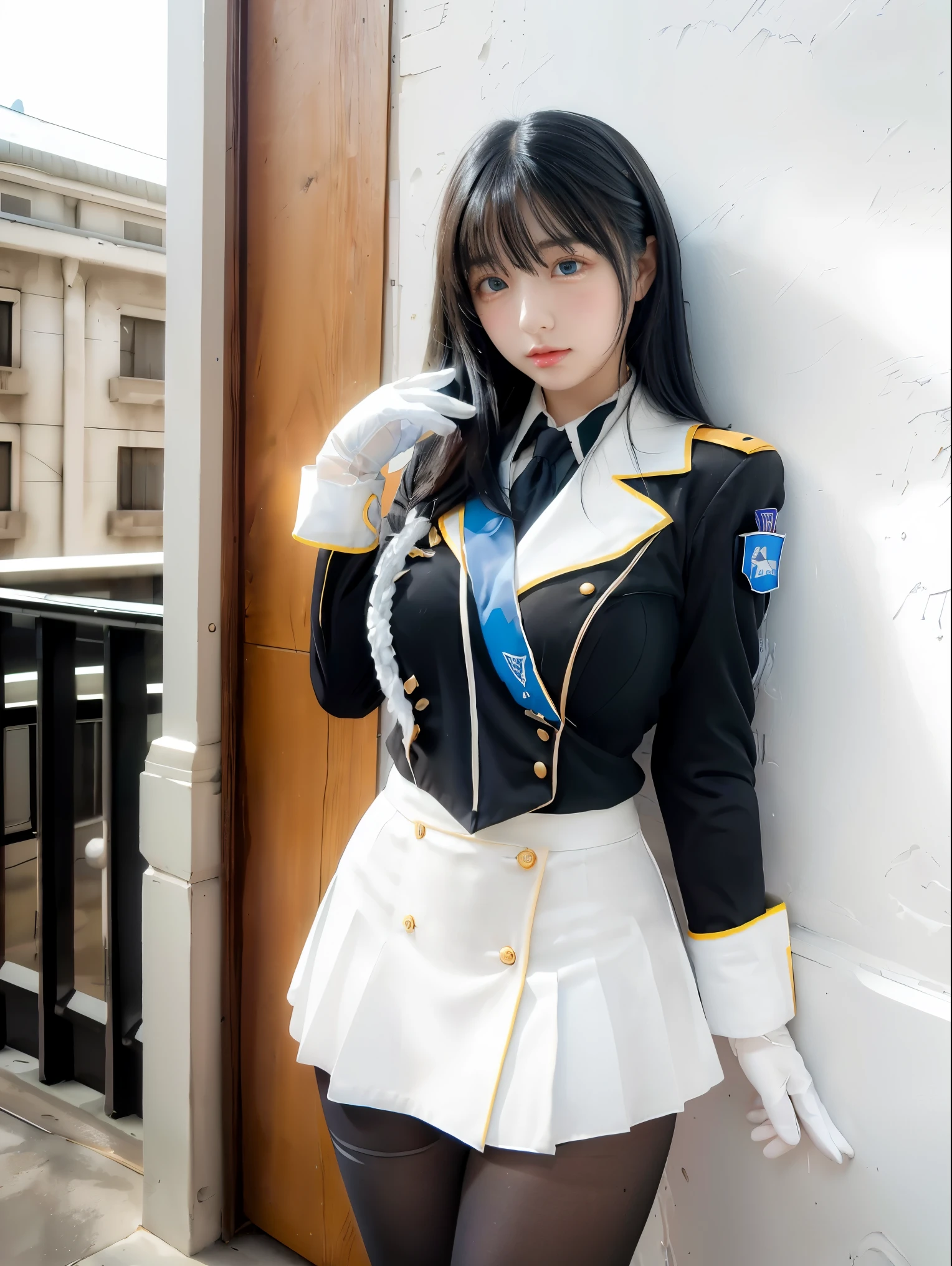 (Photorealistic, best quality, masterpiece, high contrast), 1girl,
ikaruga, black hair, blue eyes,,uniform, armband, skirt, pantyhose, white glove