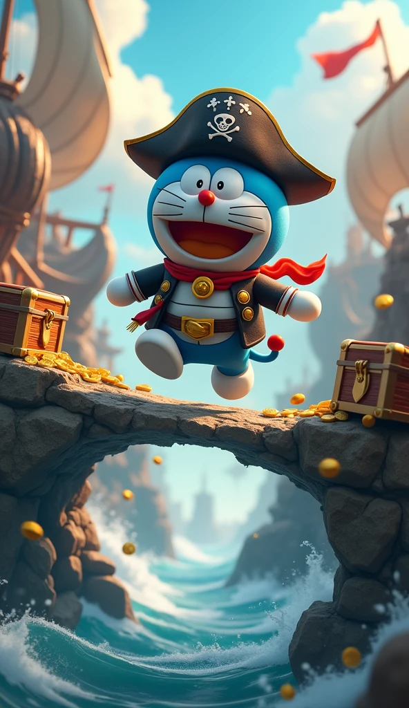 An image of Captain Doraemon wearing a pirate costume , fell off the bridge, broken bridge scene 3d 4k image