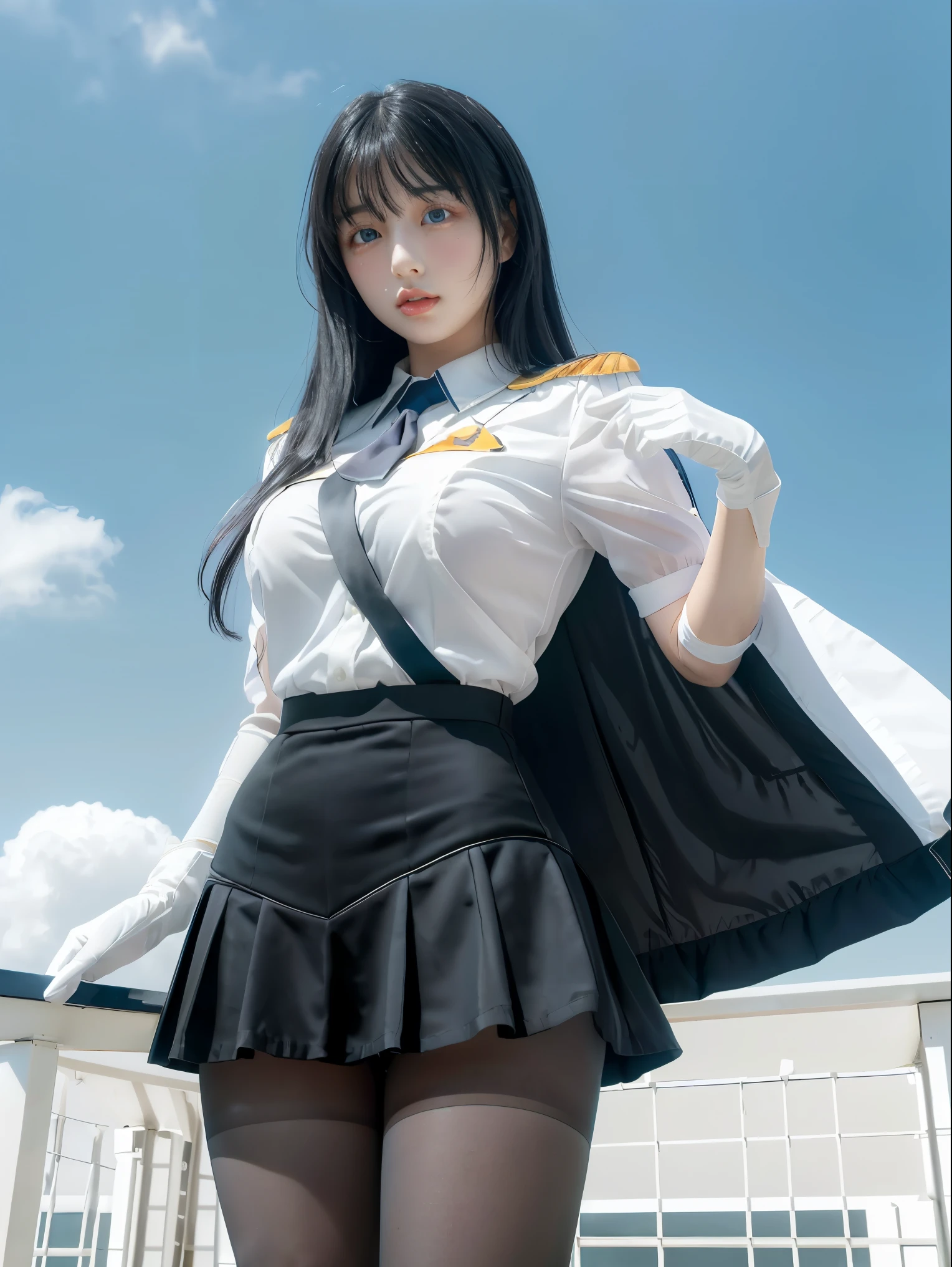 (Photorealistic, best quality, masterpiece, high contrast), 1girl,
ikaruga, black hair, blue eyes,,uniform, armband, skirt, pantyhose, white glove