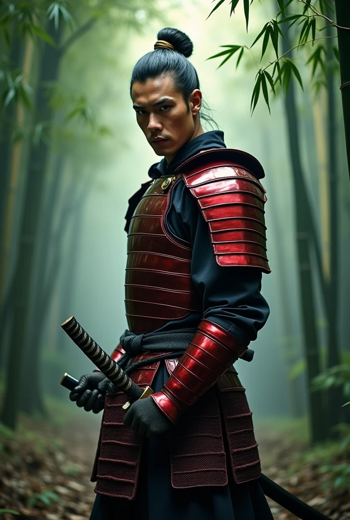 A Japanese samurai wearing red armor, holding his sword horizontally in a bamboo forest,A mysterious atmosphere with mist hanging in the air,The samurai is a 25-year-old handsome man