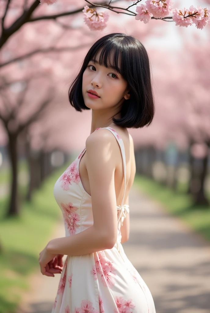 A Japanese woman with a black bob haircut. A white dress with pink floral print. A dress with little exposure that shows her slender figure. A neat and clean-looking massage girl. A pose that seduces men.