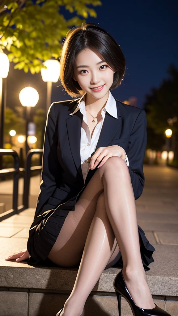 Pure young Japanese girl, no makeup, natural short hair style, sexual attractive, natural body, beautiful legs, shiny white skin, wearing formal jacket and blouse and long skirt, pantyhose, high heels, rough loose chest, sweet smile, sweet temptation, summer midnight, sitting in night park, romantic night scene, professional pin-up portrait photography