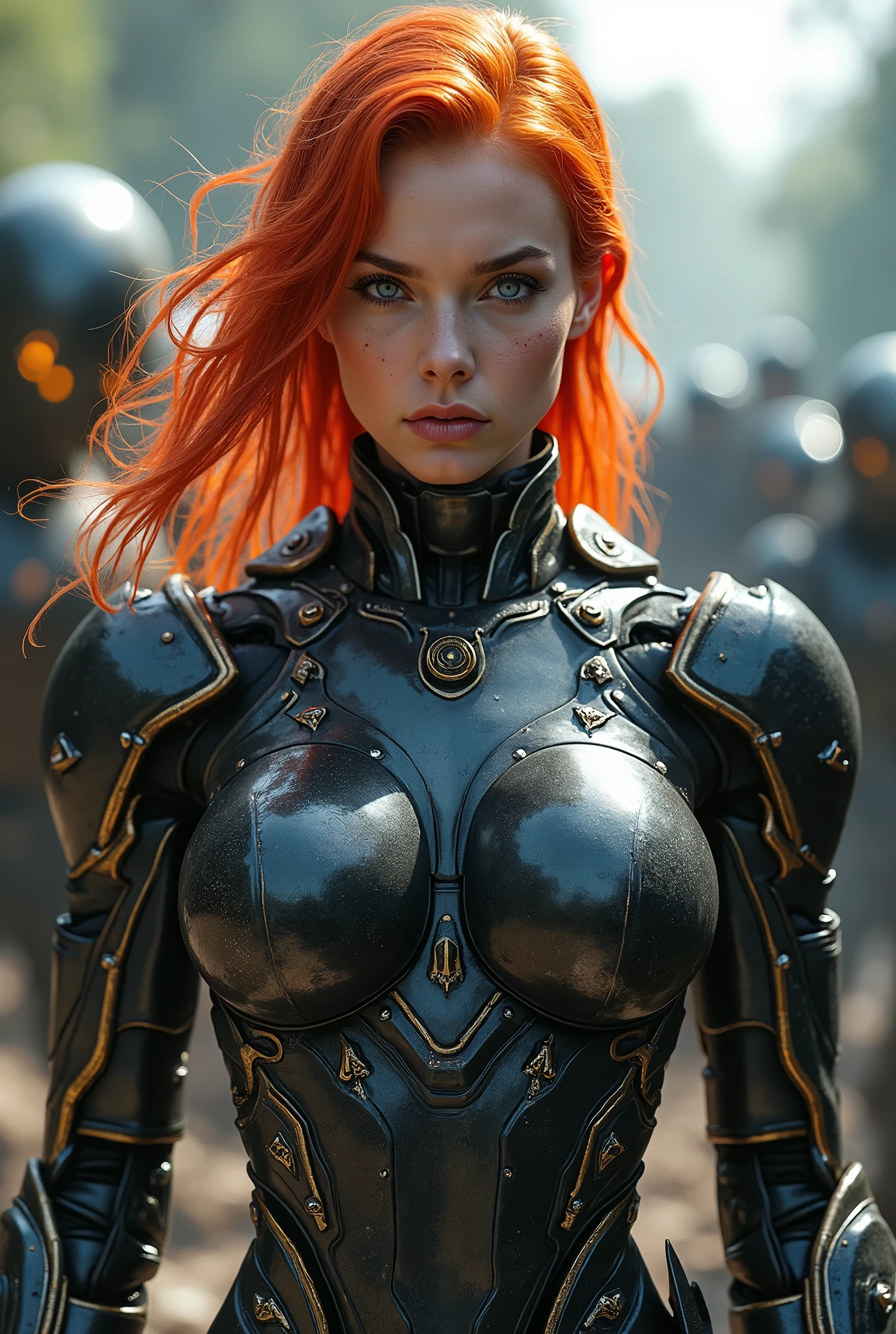 (masterpiece, photorealistic:1.4, extremely intricate:1.3), (photon mapping, radiosity, physically based rendering, ultra resolution, hyper-realistic, photorealistic:1.4, hyper-realistic, 8K), ((((humid teenage 20year, [bodybuilder:supermodel:0.8], (wide eyes, long lashes, battle-damaged translucent glossblack breastplate armor:0.8, etched, engraving)), [makeup:freckles:0.7])), blue eyes), angry, arrogant, BREAK, ((((background is a futuristic battlefield, she is a juggernaut, muscular, dynamic pose), mechanical arms, mechanical torso, wires, wiring, (((glowing cybernetic chrome crystal reflections))), long straight hairband ([dark hair:bright red hair:0.6], volumetric, shadows)))
