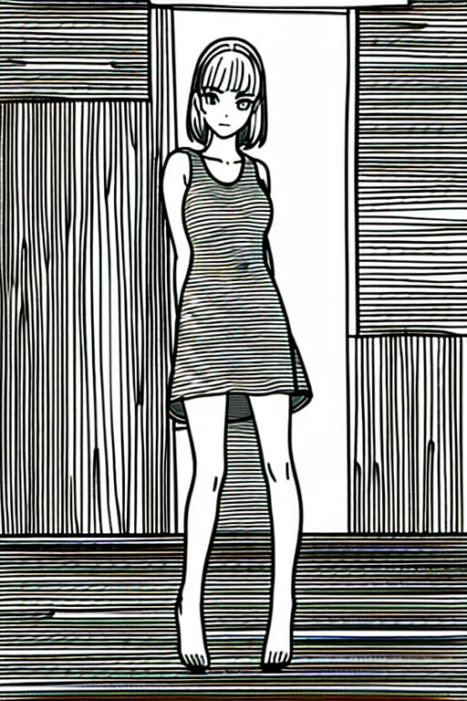 ((Highest quality)), ((masterpiece)), (detailed), 1 ager, Wearing a one-piece dress、Posing like a model in front of the wall、Facing 45 degrees to the right、Line art