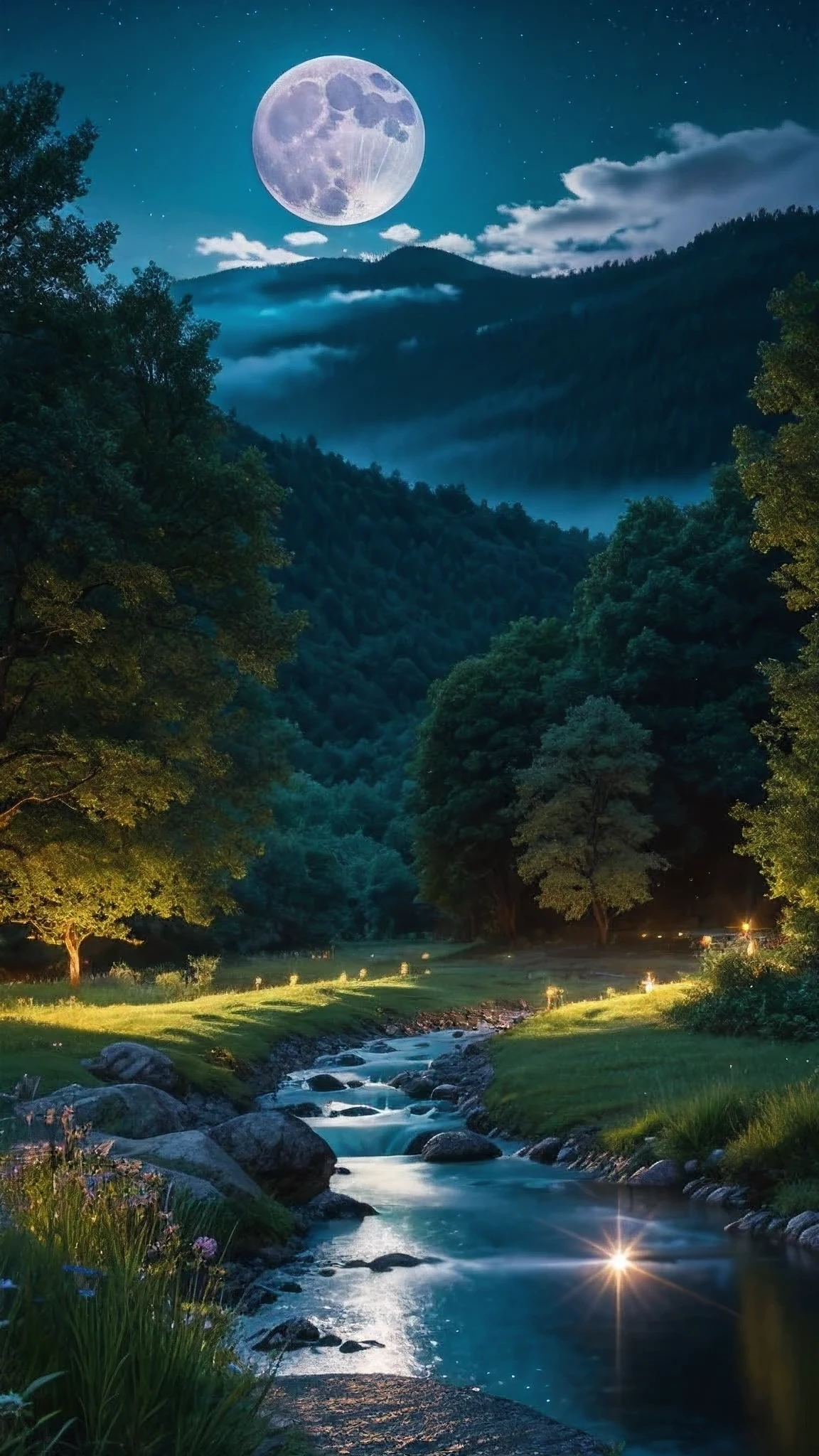 Envision an anime-inspired night landscape showcasing breathtaking natural beauty. Picture a vast, tranquil valley bathed in the soft, ethereal light of a full moon. The sky is a deep indigo, dotted with twinkling stars and wispy clouds. A crystal-clear river winds through the valley, reflecting the moonlight and creating a shimmering pathway. Surrounding the river are rolling hills covered in lush, dark green foliage and scattered wildflowers that catch the moonlight. In the distance, majestic mountains loom, their peaks partially shrouded in mist. A gentle breeze rustles through the landscape, adding a touch of movement and magic to this serene, nighttime scene.