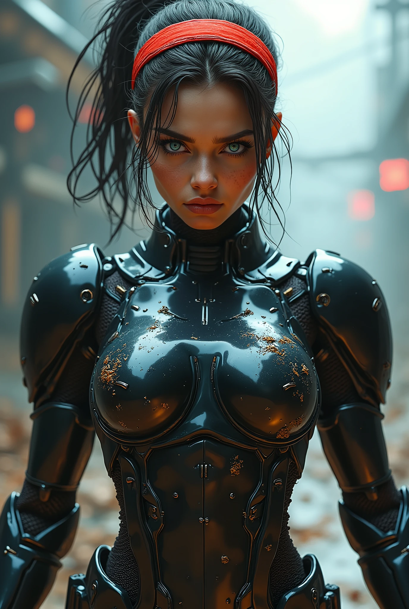 (masterpiece, photorealistic:1.4, extremely intricate:1.3), (photon mapping, radiosity, physically based rendering, ultra resolution, hyper-realistic, photorealistic:1.4, hyper-realistic, 8K), ((((humid teenage 20year, [bodybuilder:supermodel:0.8], (wide eyes, long lashes, battle-damaged translucent glossblack breastplate armor:0.8, etched, engraving)), [makeup:freckles:0.7])), blue eyes), angry, arrogant, BREAK, ((((background is a futuristic battlefield, she is a juggernaut, muscular, dynamic pose), mechanical arms, mechanical torso, wires, wiring, (((glowing cybernetic chrome crystal reflections))), long straight hairband ([dark hair:bright red hair:0.6], volumetric, shadows)))

