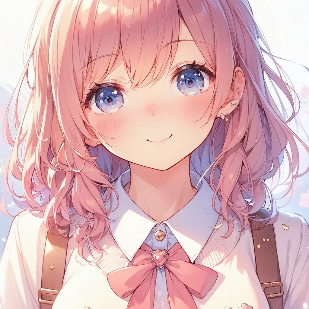 (Exquisite, beautiful, Very detailed, masterpiece, high quality,High resolution),(Well-formed face,Soft and thin lines: 1.2, Beautiful and delicate illustrations with a mature and transparent feel, Pixiv-inspired anime illustration,A beautiful girl illustration with a cute smile in pastel colors that would go viral on Twitter among Japanese people),A fashion model, who looks like a college student, is holding a large heart-shaped cushion and looking up at the viewer with big eyes.,A delicate face with a translucent quality, (looks fun,Happy smile),(Slightly wavy, flowing medium-length hair), (A pale pink blush, Plump pink lips,Quite a large bust,Fair skin, Good style,Long, slender legs),Hearts float around me