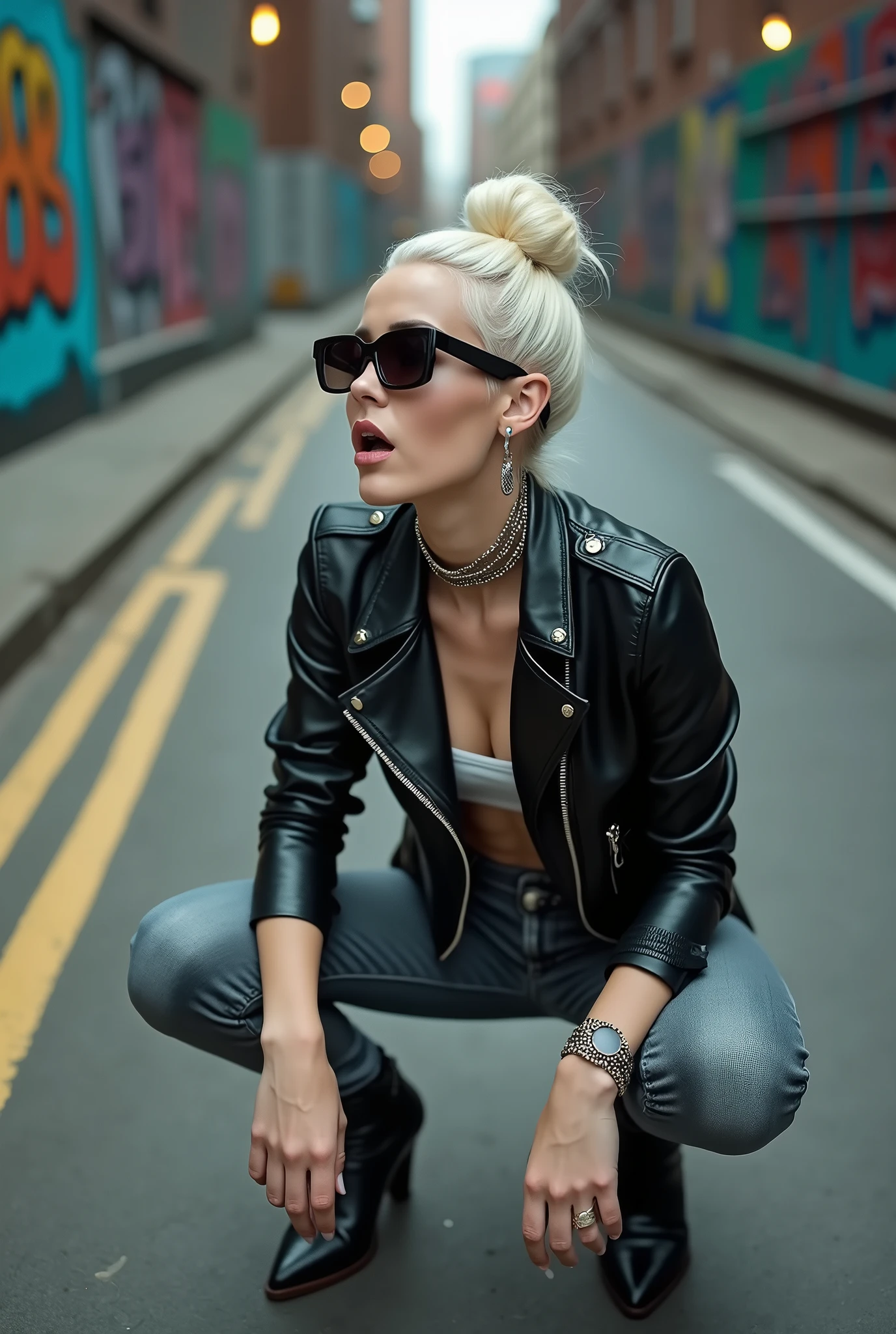 russian milf woman, platinum blonde hair (huge top bun) and sunglasses as headband (big maxi glasses), with very light blue eyes, extremely pale. Wearing cropped black moto jacket, black bra, dark grey jeans and pointy Chelsea boots with cuban heels . Lots of metallic bracelets and collars. Tacky leather belt with oversized buckle. Wide loop earrings. Kneeling in a payer, looking up, eyes and mouth wide open in amazement. Hands on her knees. Listening in amazement to somebody speaking to her, toned six pack abs, thin legs and thin arms