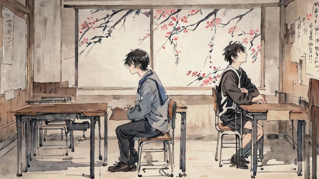 watercolor:1.2), watercolor, High school boys, 2 people, School classroom, profile,、Painting \(Moderate\),machine、Talk to the person next to you、friend、Are you okay、friend、A good friend