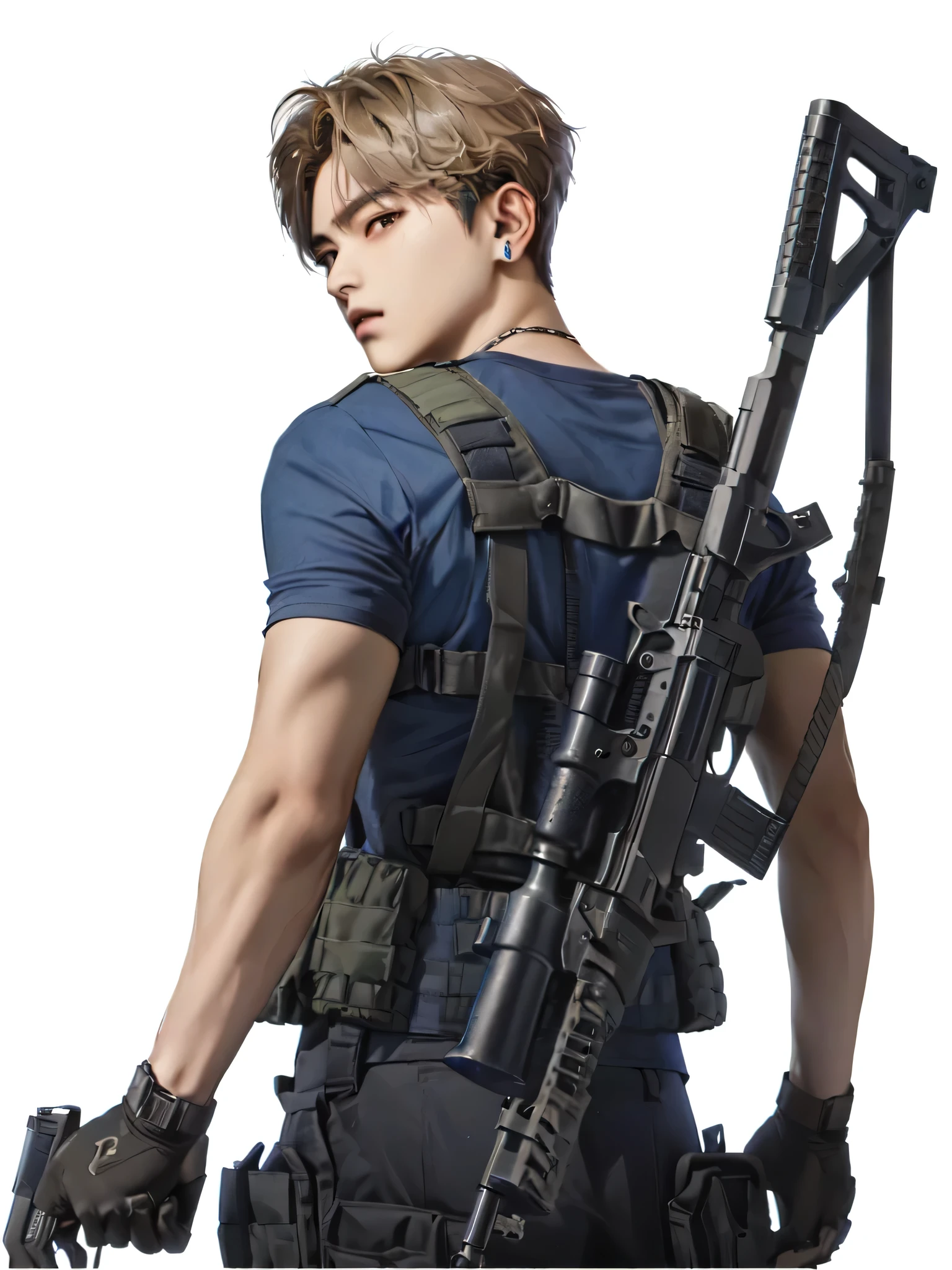 arafed male in a blue shirt holding a gun and a rifle, with rifle, cai xukun, arms behind back, inspired by Kim Hwan-gi, with pistol, man is carrying a rifle, jimin, soldier, south korean male, park jimin, smg, action poses with weapons, jung jaehyun, hyung tae, carrying a rifle, shooting pose