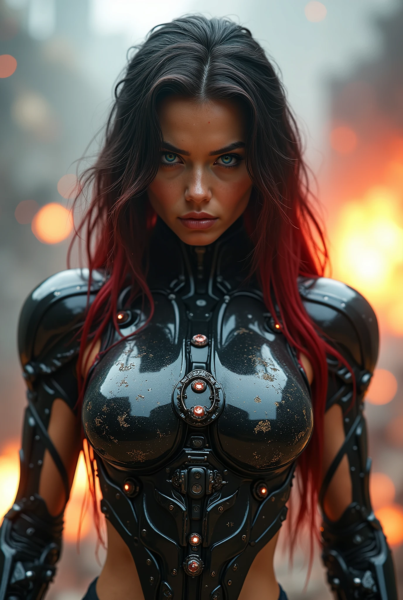 (masterpiece, photorealistic:1.4, extremely intricate:1.3), (photon mapping, radiosity, physically based rendering, ultra resolution, hyper-realistic, photorealistic:1.4, hyper-realistic, 8K), ((((humid teenage 20year, [bodybuilder:supermodel:0.8], (wide eyes, long lashes, battle-damaged translucent glossblack breastplate armor:0.8, etched, engraving)), [makeup:freckles:0.7])), blue eyes), angry, arrogant, BREAK, ((((background is a futuristic battlefield, she is a juggernaut, muscular, dynamic pose), mechanical arms, mechanical torso, wires, wiring, (((glowing cybernetic chrome crystal reflections))), long straight hairband ([dark hair:bright red hair:0.6], volumetric, shadows)))
