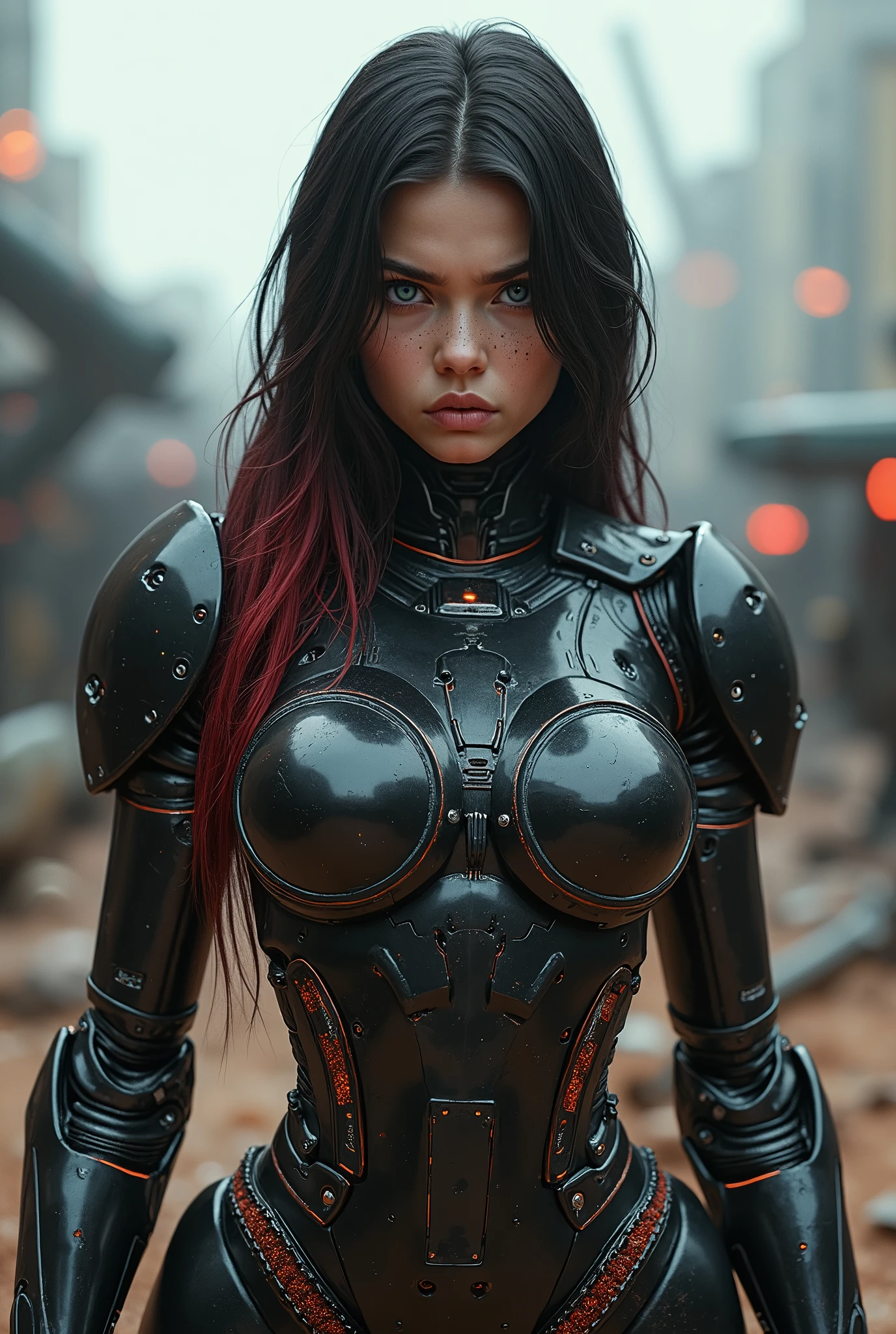 (masterpiece, photorealistic:1.4, extremely intricate:1.3), (photon mapping, radiosity, physically based rendering, ultra resolution, hyper-realistic, photorealistic:1.4, hyper-realistic, 8K), ((((humid age 20year, [bodybuilder:supermodel:0.8], (wide eyes, long lashes, battle-damaged translucent glossblack breastplate armor:0.8, etched, engraving)), [makeup:freckles:0.7])), blue eyes), angry, arrogant, BREAK, ((((background is a futuristic battlefield, she is a juggernaut, muscular, dynamic pose), mechanical arms, mechanical torso, wires, wiring, (((glowing cybernetic chrome crystal reflections))), long straight hairband ([dark hair:bright red hair:0.6], volumetric, shadows)))
