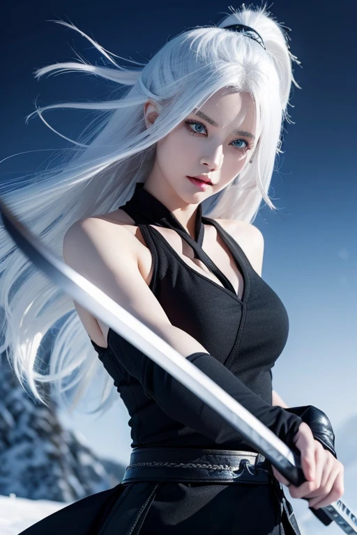 Women, white hair , long, blue eyes, , demon slayer style, pretty, hashira, dynamic pose, snow breathing, katana.