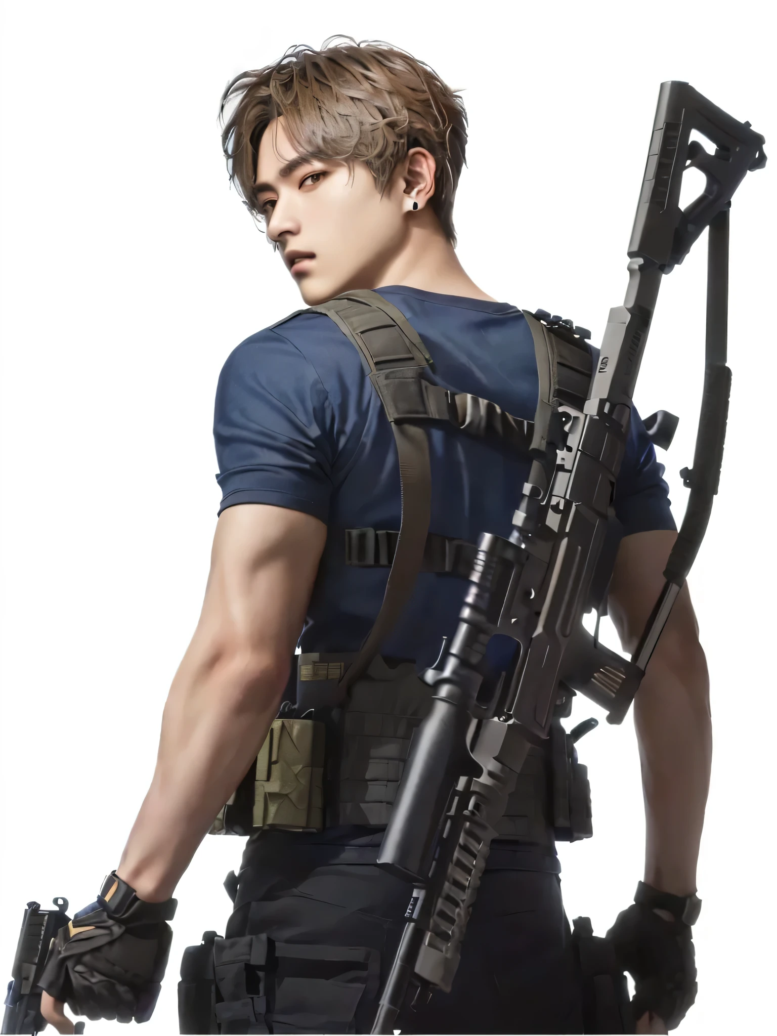 arafed male in a blue shirt holding a gun and a rifle, with rifle, cai xukun, arms behind back, inspired by Kim Hwan-gi, with pistol, man is carrying a rifle, jimin, soldier, south korean male, park jimin, smg, action poses with weapons, jung jaehyun, hyung tae, carrying a rifle, shooting pose