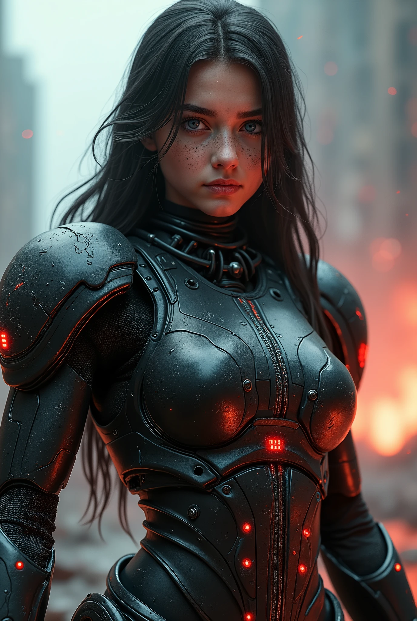 (masterpiece, photorealistic:1.4, extremely intricate:1.3), (photon mapping, radiosity, physically based rendering, ultra resolution, hyper-realistic, photorealistic:1.4, hyper-realistic, 8K), ((((humid age 20year, [bodybuilder:supermodel:0.8], (wide eyes, long lashes, battle-damaged translucent glossblack breastplate armor:0.8, etched, engraving)), [makeup:freckles:0.7])), blue eyes), angry, arrogant, BREAK, ((((background is a futuristic battlefield, she is a juggernaut, muscular, dynamic pose), mechanical arms, mechanical torso, wires, wiring, (((glowing cybernetic chrome crystal reflections))), long straight hairband ([dark hair:bright red hair:0.6], volumetric, shadows)))
