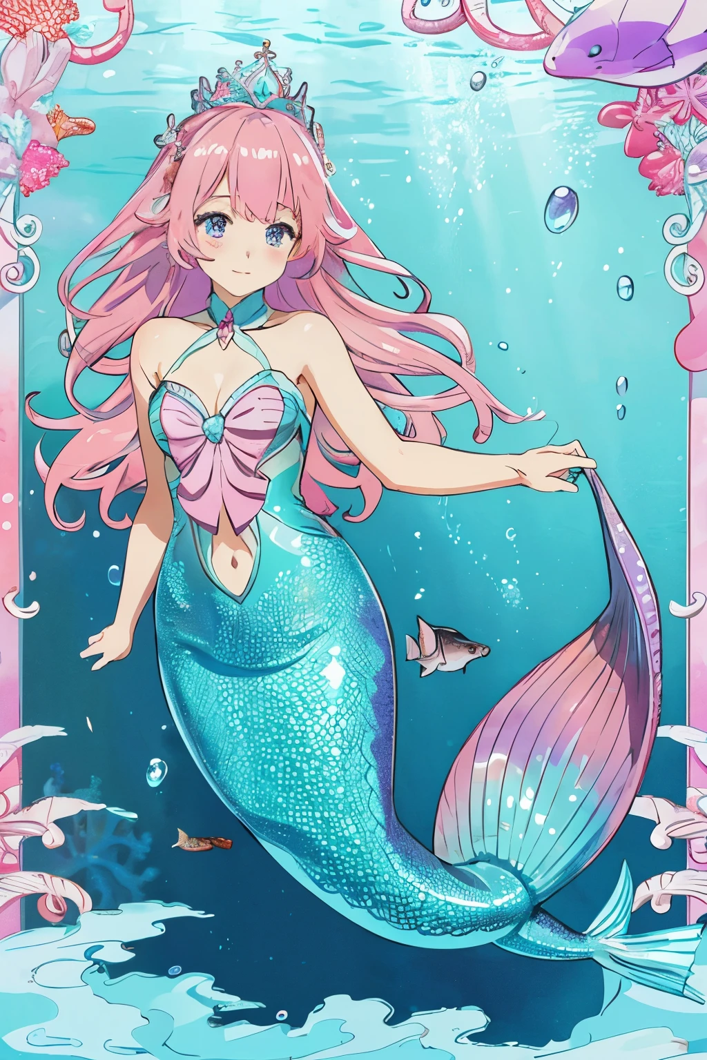 Mermaid，Mermaid，Mermaid Girl，Mermaid Tail，Bodysuit style，Scale style，Underwater background，Underwater background，Undersea background，Coral shell background，Seawater background，Pink and purple scales，Pink，end，I have end on me.，Girl with fish tail，Pink and purple，Powder blue scales，cute，cute，cute，Crown