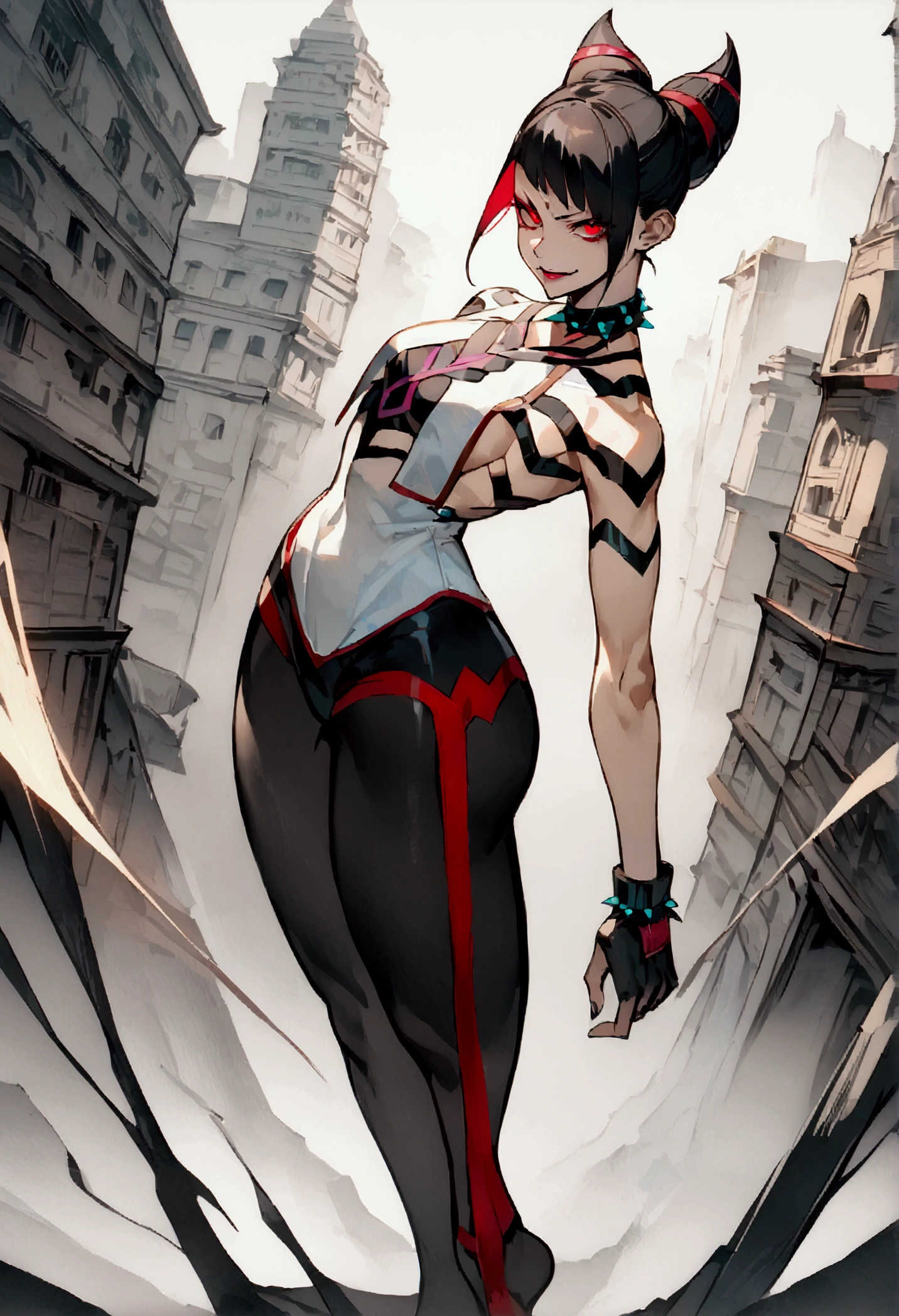 fully body,standing,alone,short hair,work of art,face detailed,young fitness linda,Wearing black pantyhose,tight white sweater with collar ,neckleace,evil smile,red eyes glowing,labiaa,eye shadow,bangs on the eyes,black gloves,background city
