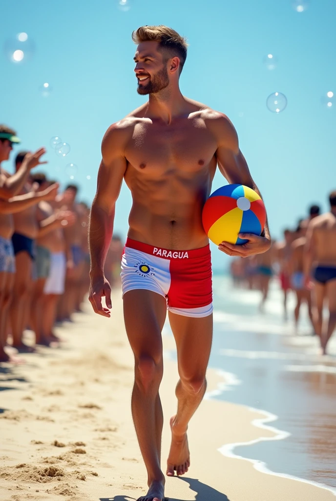 A handsome 27-year-old tall white young man in a men's fashion show on the beach shore wearing a de bandera paraguay swimsuit with a beach ball in his hand. Many people applaud him and bubbles are around him. Tight boxer shorts in the colors De paraguay rojo blanco azul flag. Unshaved, white, tall with black hair delgado