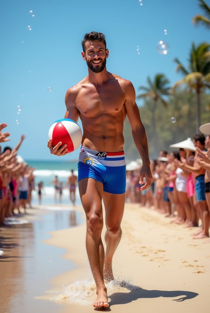 A handsome 27-year-old tall white young man in a men's fashion show on the beach shore wearing a de bandera paraguay swimsuit with a beach ball in his hand. Many people applaud him and bubbles are around him. Tight boxer shorts in the colors De paraguay rojo blanco azul flag. Unshaved, white, tall with black hair delgado