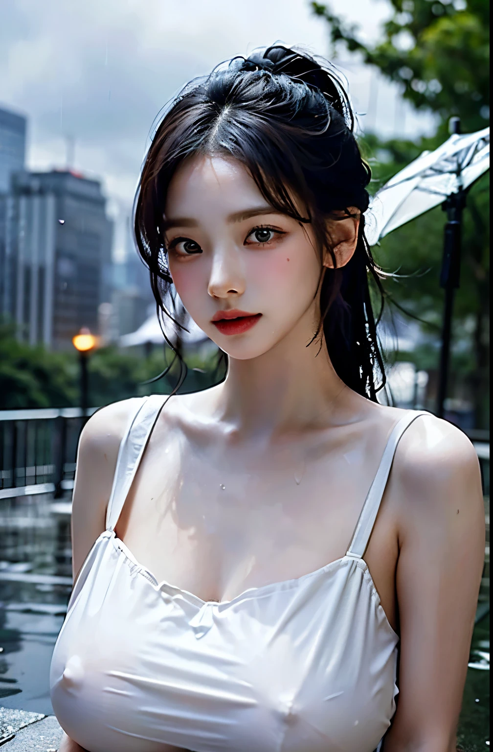 (masterpiece, top quality, 8k, best quality, official art, beautiful and aesthetic:1.2),It's raining, very detailed,(fancy:1.2), Splendid City, heavy rain(huge breasts:1.4),ponytail, laugh, Karina's appearance, Wet body, rainy weather, The weather is cloudy., White dress that shows skin