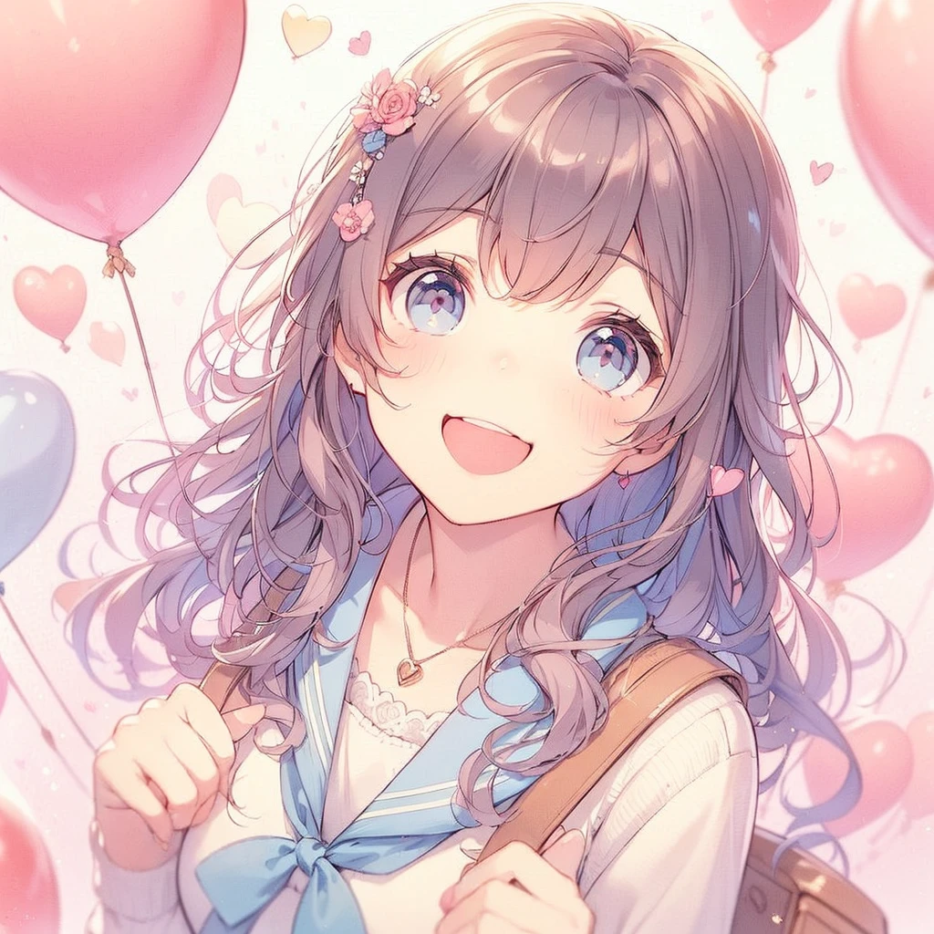(Exquisite, beautiful, Very detailed, masterpiece, high quality,High resolution),(Well-formed face,Soft and thin lines: 1.2, Beautiful and delicate illustrations with a mature and transparent feel, Pixiv-inspired anime illustration,A beautiful girl illustration with a cute smile in pastel colors that would go viral on Twitter among Japanese people),A fashion model, who looks like a college student, is holding a large heart-shaped cushion and looking up at the viewer with big eyes.,A delicate face with a translucent quality, (looks fun,Happy smile),(Slightly wavy, flowing medium-length hair), (A pale pink blush, Plump pink lips,Quite a large bust,Fair skin, Good style,Long, slender legs),Hearts float around me