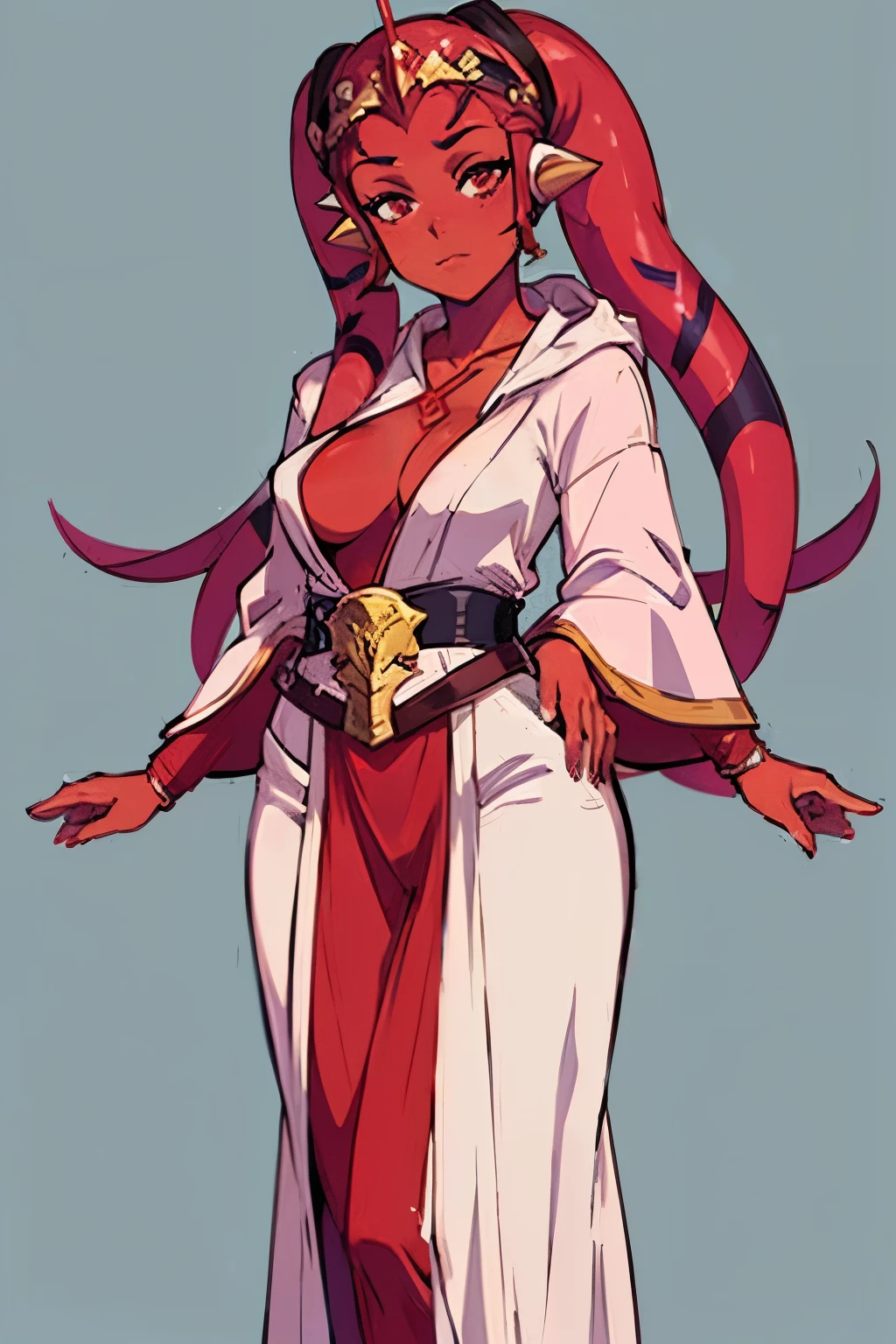young twi'lek woman, red skin with pink patches, red markings, white robes, golden details on robes, gold lightsaber in hand