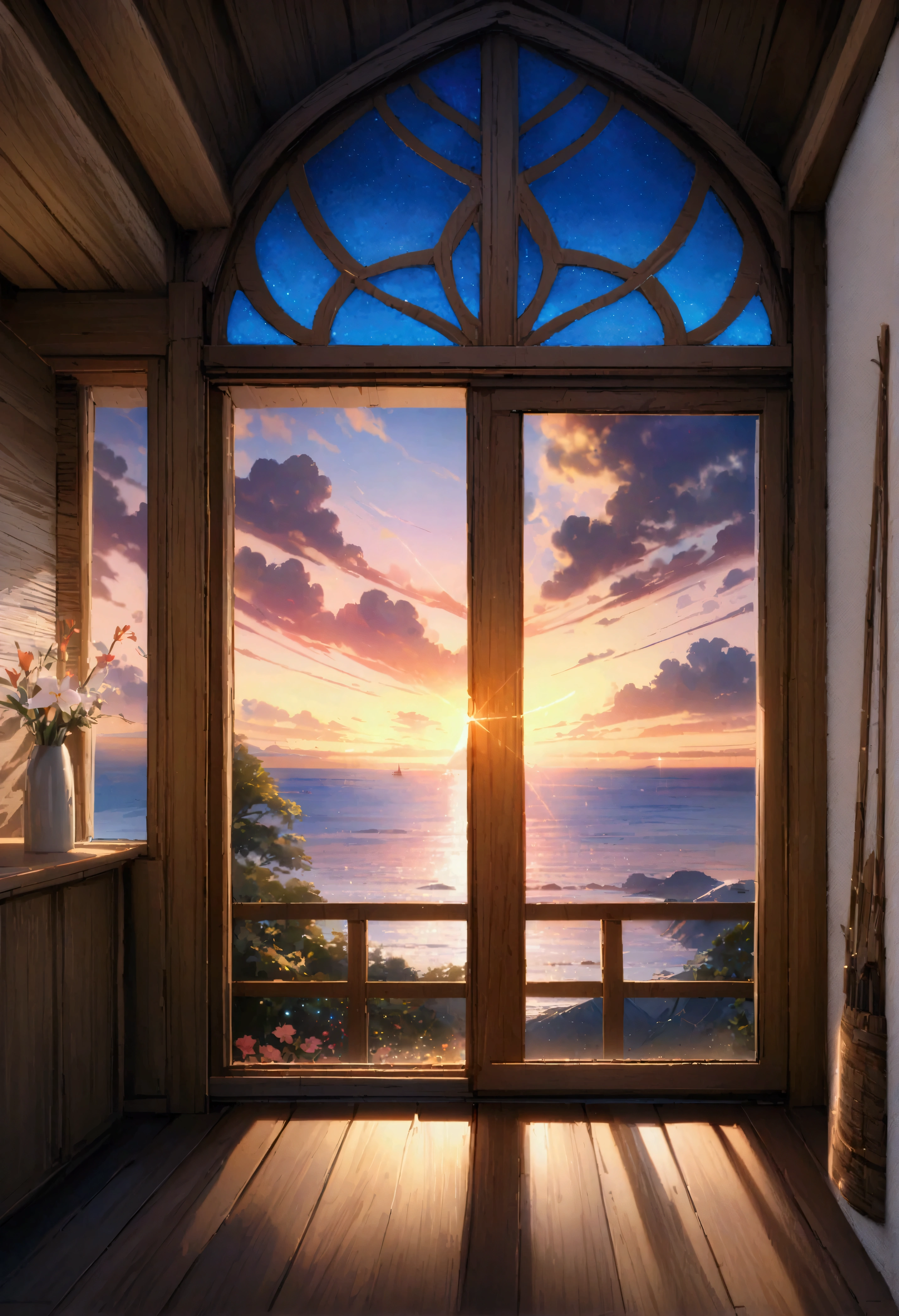 Holiday Homes, Large windows and beautiful views,Wooden Lodge,Inside the room,Blur the background,Pleasant sea breeze,Glitter effect,Highest quality, 8K, High resolution, masterpiece:1.2, Very detailed, Realistic:1.37, High resolution, 超High resolution, Ultra-fine painting, Very detailed, Professional, Vibrant colors