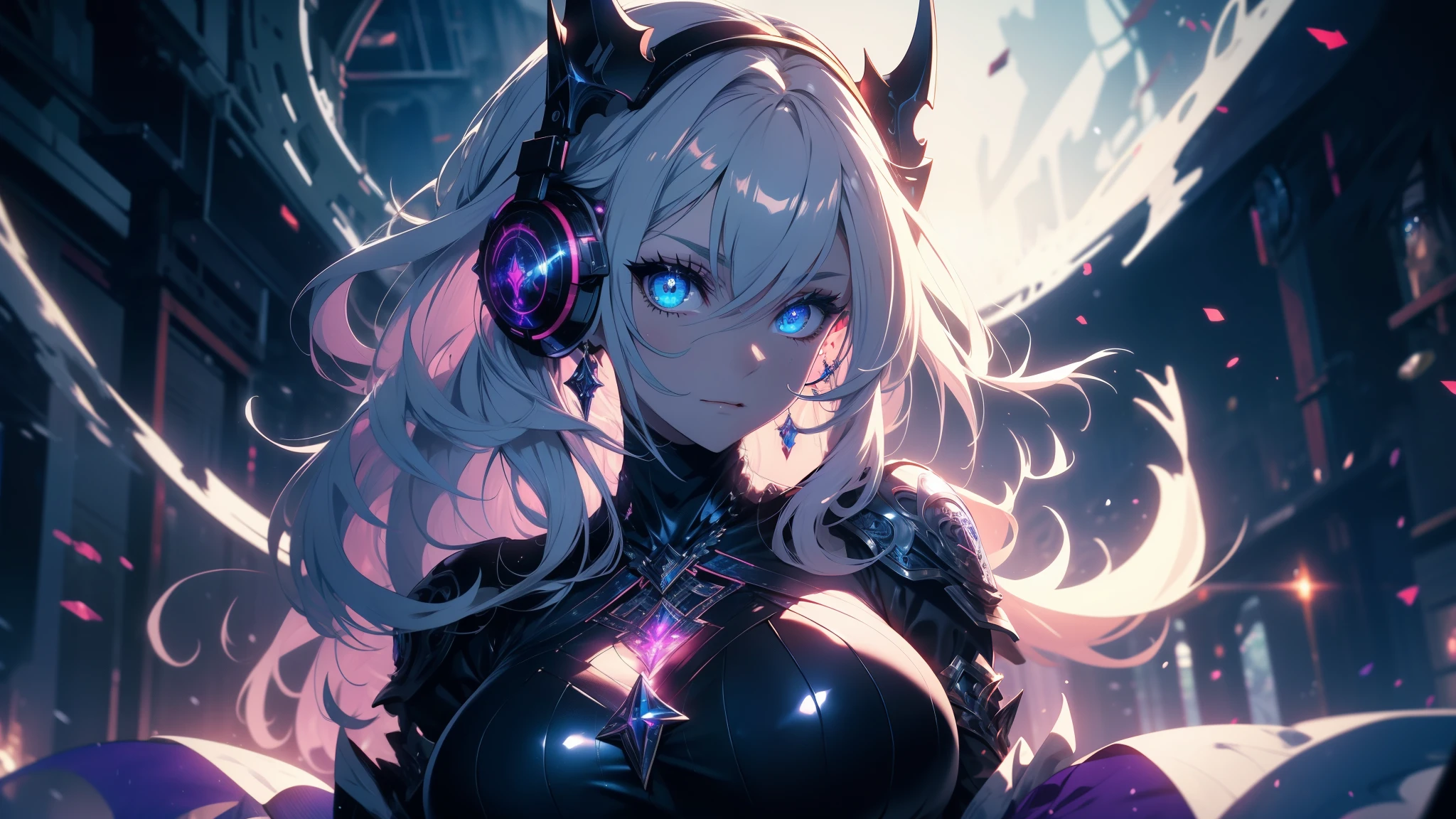 masterpiece, 1girl,, spell, mage, Dark Elf, scary, glow, particles, shining brightly eyes, stunning, spectral, snow, gorgeous, perfect face, expressive eyes, cute,Very beautiful big breasts,tatuados,8k,resolution,masterpiece,Highest quality,Intricate details,Very detailed,Clear focus,Wavy Hair、Lightning effect、Blue mesh hair,Very beautiful big breasts, tatuados, 8k, resolution, masterpiece, top quality, intricate details, very detailed, clear focus, wavy hair, devil queen, headphones