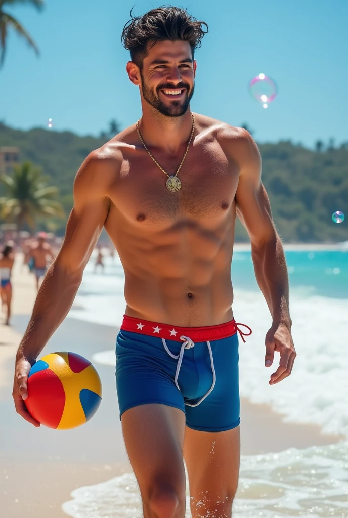 A handsome 27-year-old tall white young man in a men's fashion show on the beach shore wearing a de bandera paraguay swimsuit with a beach ball in his hand. Many people applaud him and bubbles are around him. Tight boxer shorts in the colors De paraguay rojo blanco azul flag. Unshaved, white, tall with black hair delgado