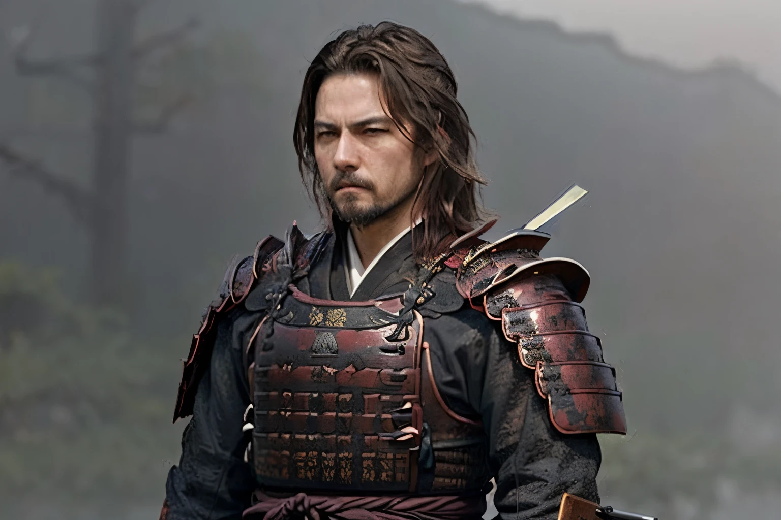 (masterpiece, Highest quality:1.2), The Last Samurai tc, alone、bust、(Departing into the mist of the dawn)、Blur the background、brand new, Black as the base color、Beautiful armor adorned with a striking red accent.、Late Edo period of Japan、Reflected in the background、