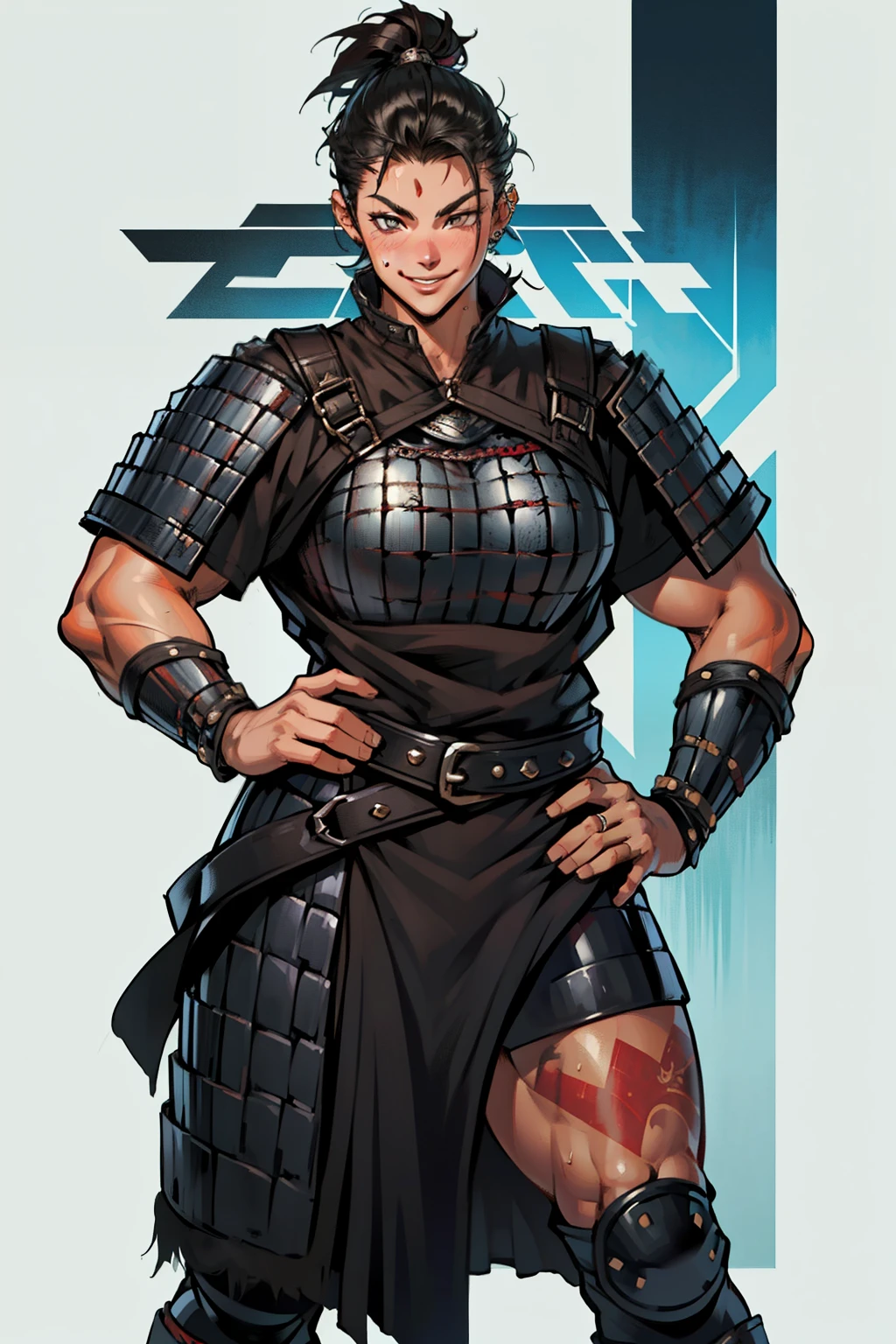 (high resolution, pixel perfect, gorgeous illustrations), (hyper quality, muste piece, etheric: 1.4), (((cowboy shot))), face focus, ((1girl)), (((Androgynous, boyish))), (((18 years old))), (((((punk))))), hot Rocker punk girl, ((((hand on hip, open stance)))), cool atmosphere, black hair, ((((very_short_hair, slicked_back_hair)))), ((((piercing)))), eyelid_piercing, nose_piercing, (((Exquisite face, evil smile))), blush, tattoo, (((((((muscular_female))))))), (thick thighs, wide hips, Big breasts that are about to burst), fighter, ((((very hairy)))), (((naked_armor))), sweat, shiny skin, gleaming skin, simple background,