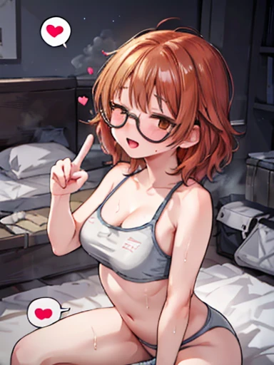 nsfw,uncensored,best quality,(masterpiece:1.3),absurdres,highres,16K, ultra high res, official art,illustration,extremely detailed, nsfw, (veiny penis:1.0), (large penis:1.3), (testicles:1.1), (1boy:1.2), (fellatio:1.6), (oral:1.0), kiss, (erection:1.2), solo focus, from side, (beautiful detailed eyes), (1girl),(solo),(idolmaster), (((Aaron))), (20yo, beautiful girl), (beautiful brown eyes),((((beautiful orange hair)))), ((short hair)), (((green rim glasses))), (wet hair), (wet skin), ((sweat)), ((steam)), (((flat chests,large breasts))), (one eye closed),single, (((gray sports bra and gray sports panty:1.3))), (perspired:1.2), (pubic Orange Hair:1.3),(open mouths,cum on mouths:1.2),1girl have kneeling,bed room,night time,,(bitch),(Commemorative photo:1.5),(spoken heart:1.7),(peace sign:1.5),(look at viewer),